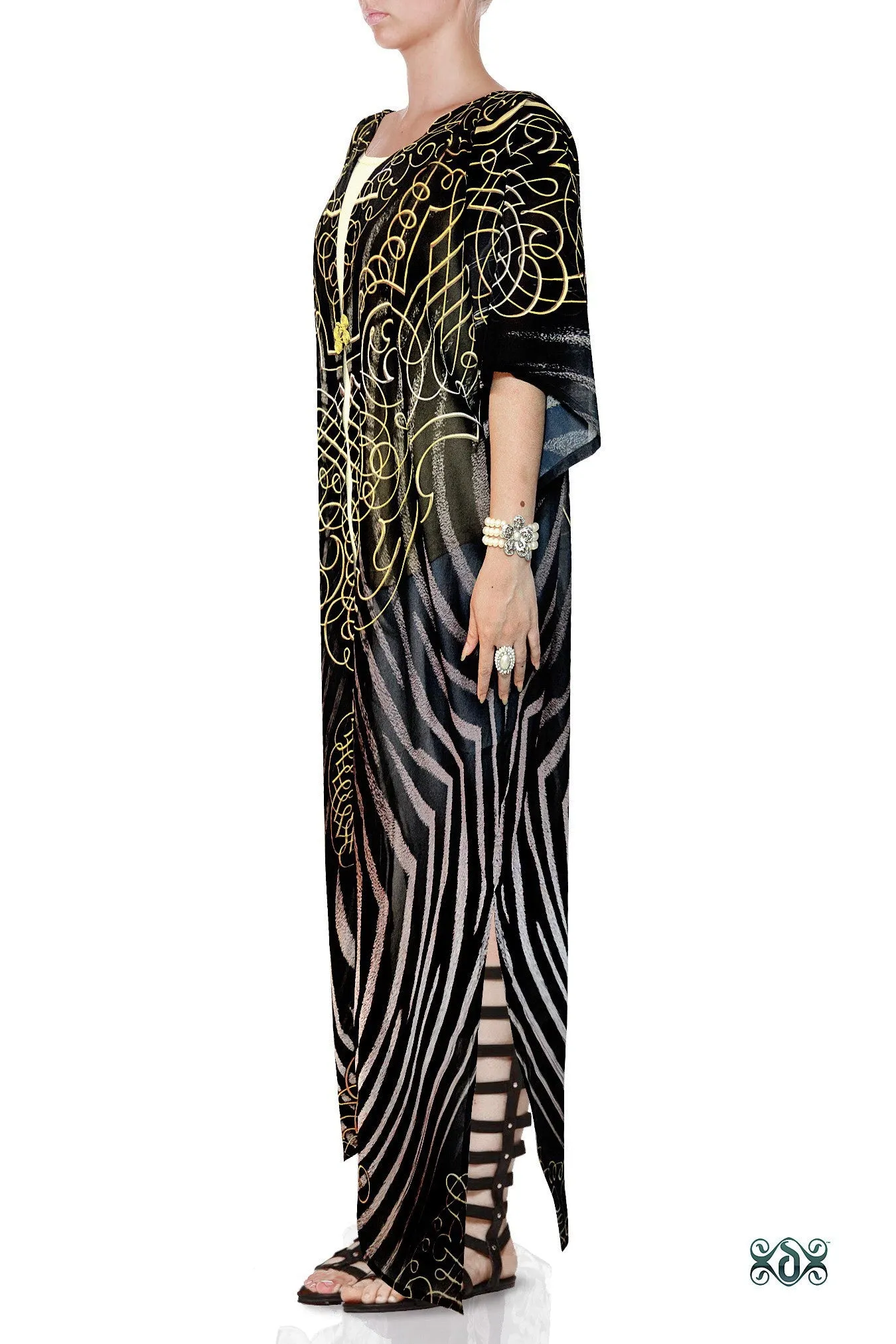 NATURE MORTE Decorated Stripes Devarshy Georgette Long Kimono Jacket - 1036A