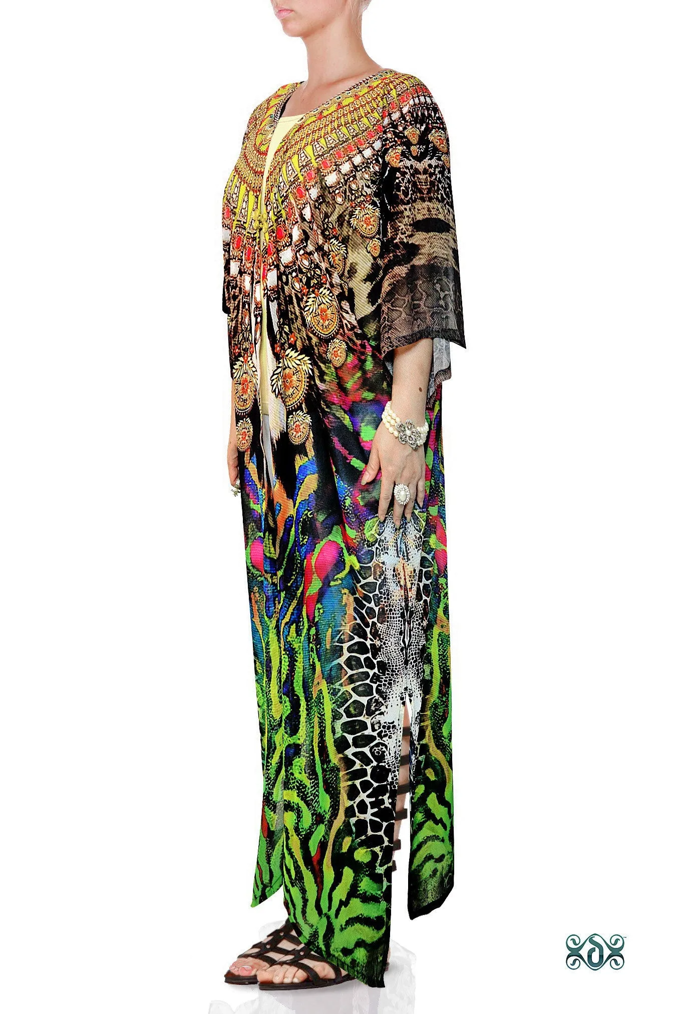 NATURE MORTE Green Animal Print Devarshy Long Georgette Kimono Jacket - 002A