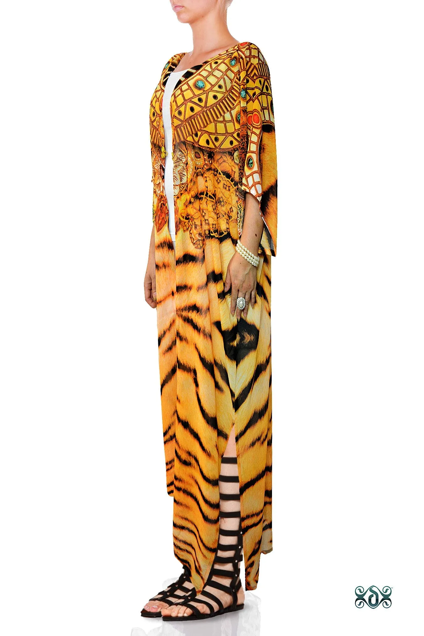 NATURE MORTE Luxury Tiger Print Devarshy Long Georgette Kimono Jacket - 0012