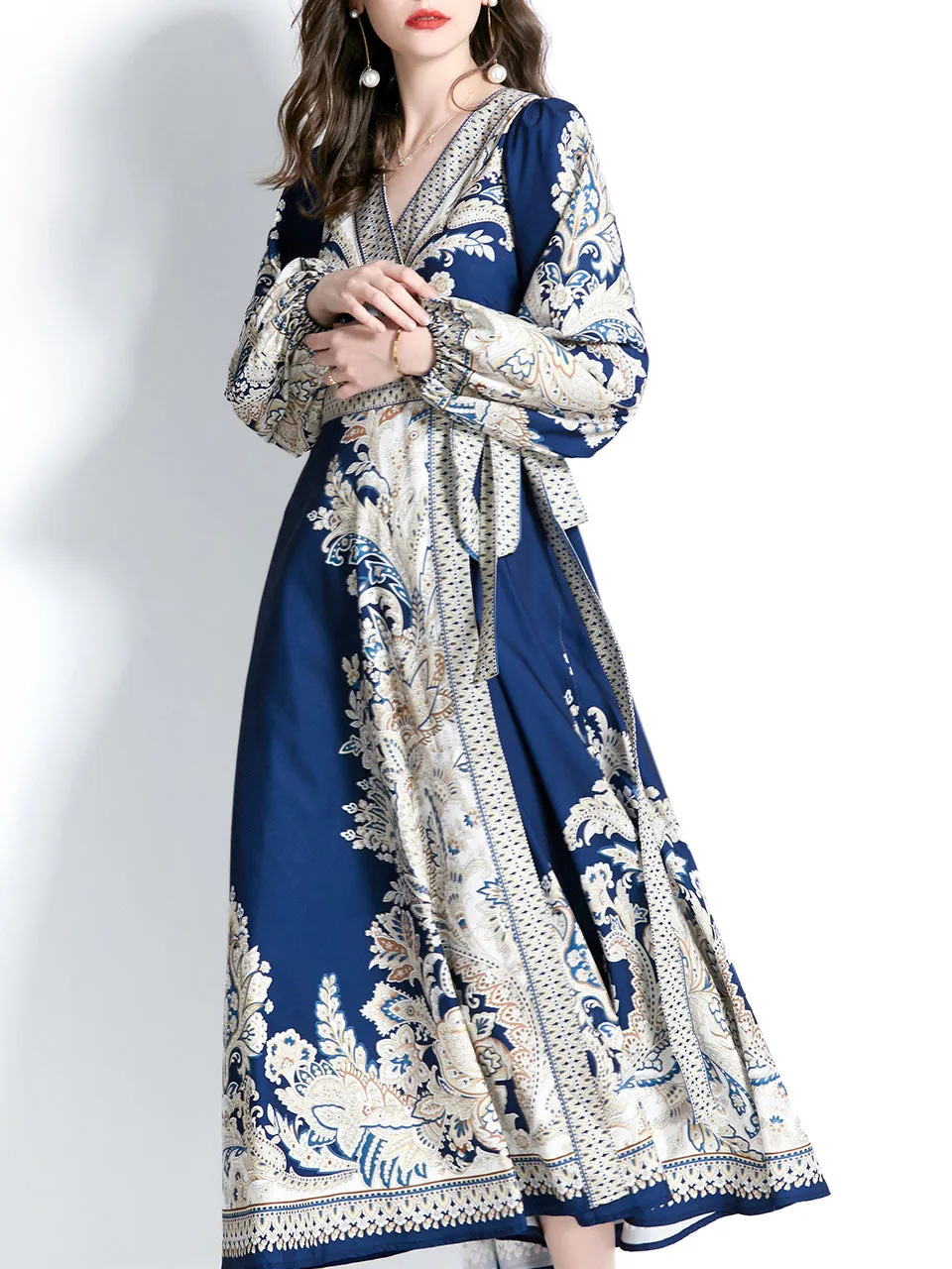 Navy V Neck Wrap Bohemian Dress Maxi Dress