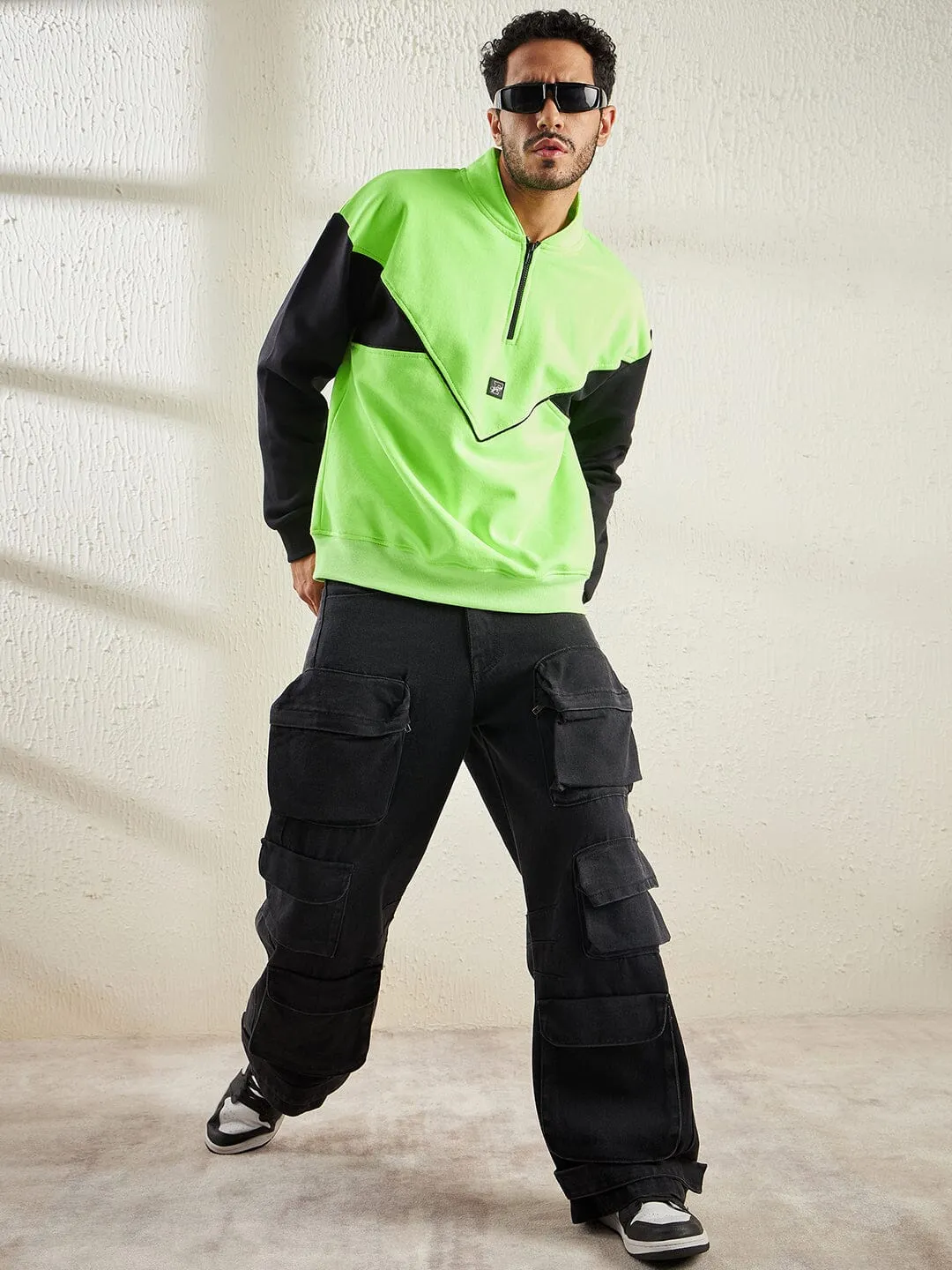 Neon And Black Oversized Cut Sew Sweatshirt