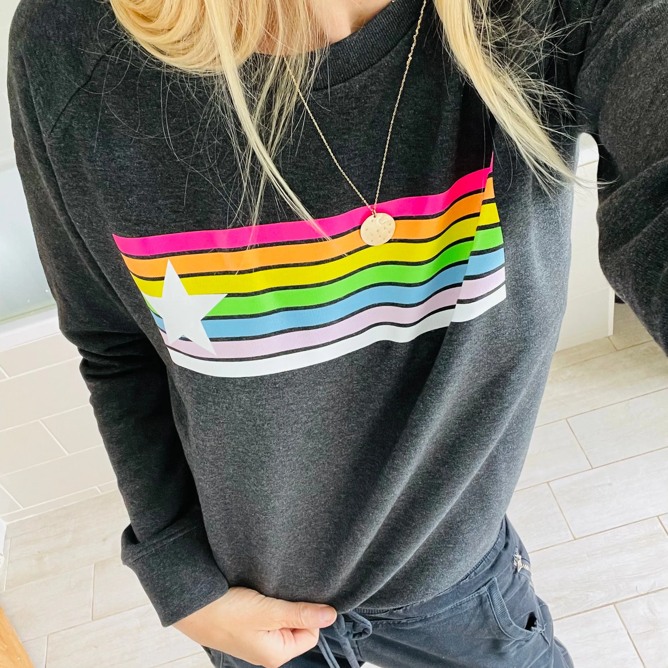 Neon rainbow & star charcoal grey marl sweatshirt *new*