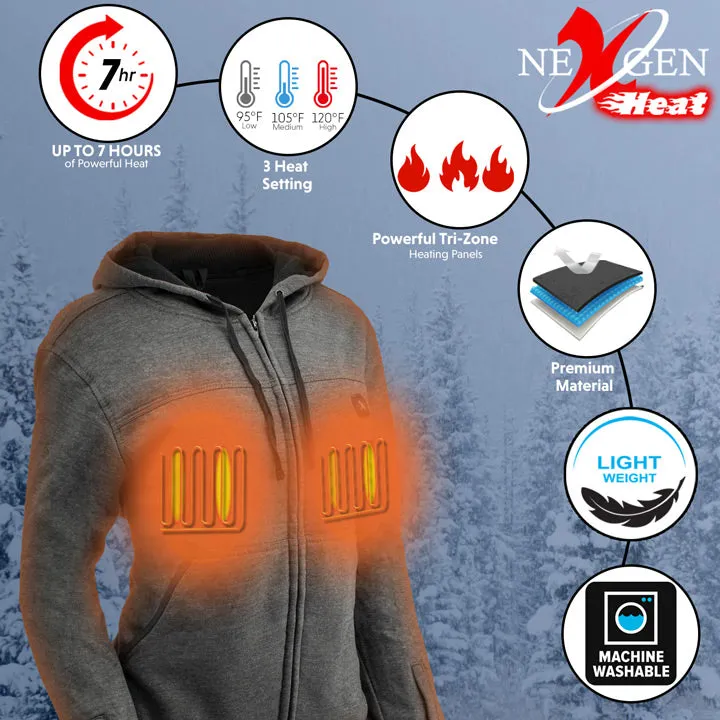 Nexgen Heat MPL2717DUAL Technology Women's Heated Hoodie - Grey Sweatshirt Jacket for Winter Season w/ Battery Pack