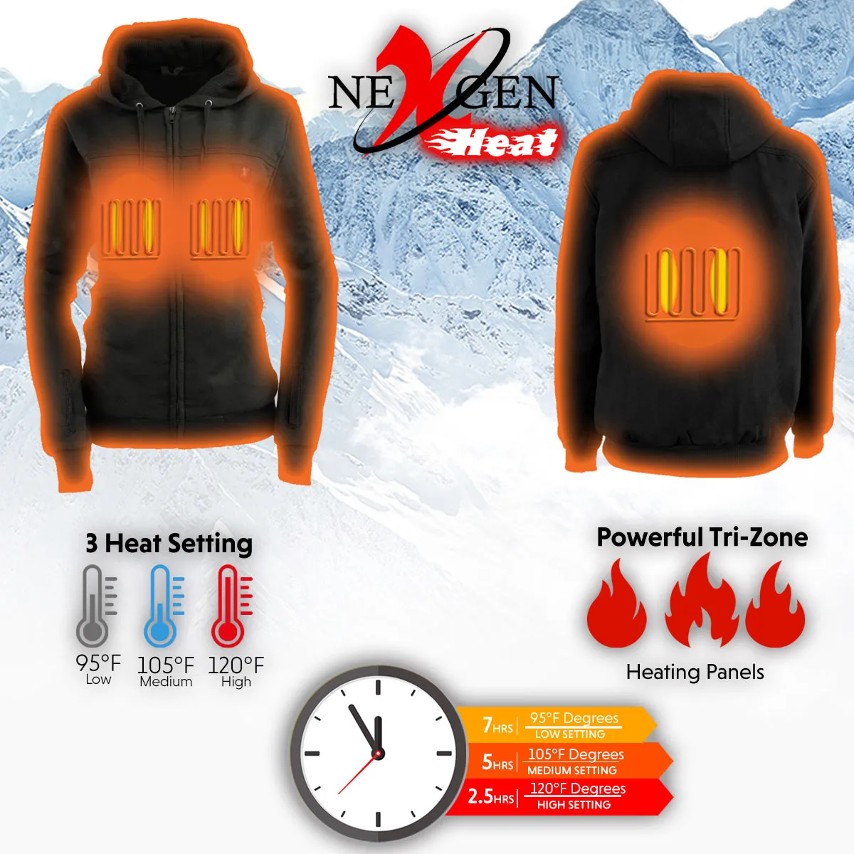 Nexgen Heat MPM1717DUAL Technology Men's “Fiery’’ Heated Hoodie- Black Sweatshirt Jacket for Winter w/ Battery Pack