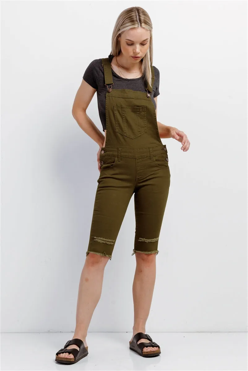 Olive Denim Distressed Detail Raw Hem Cropped Bermuda Overall