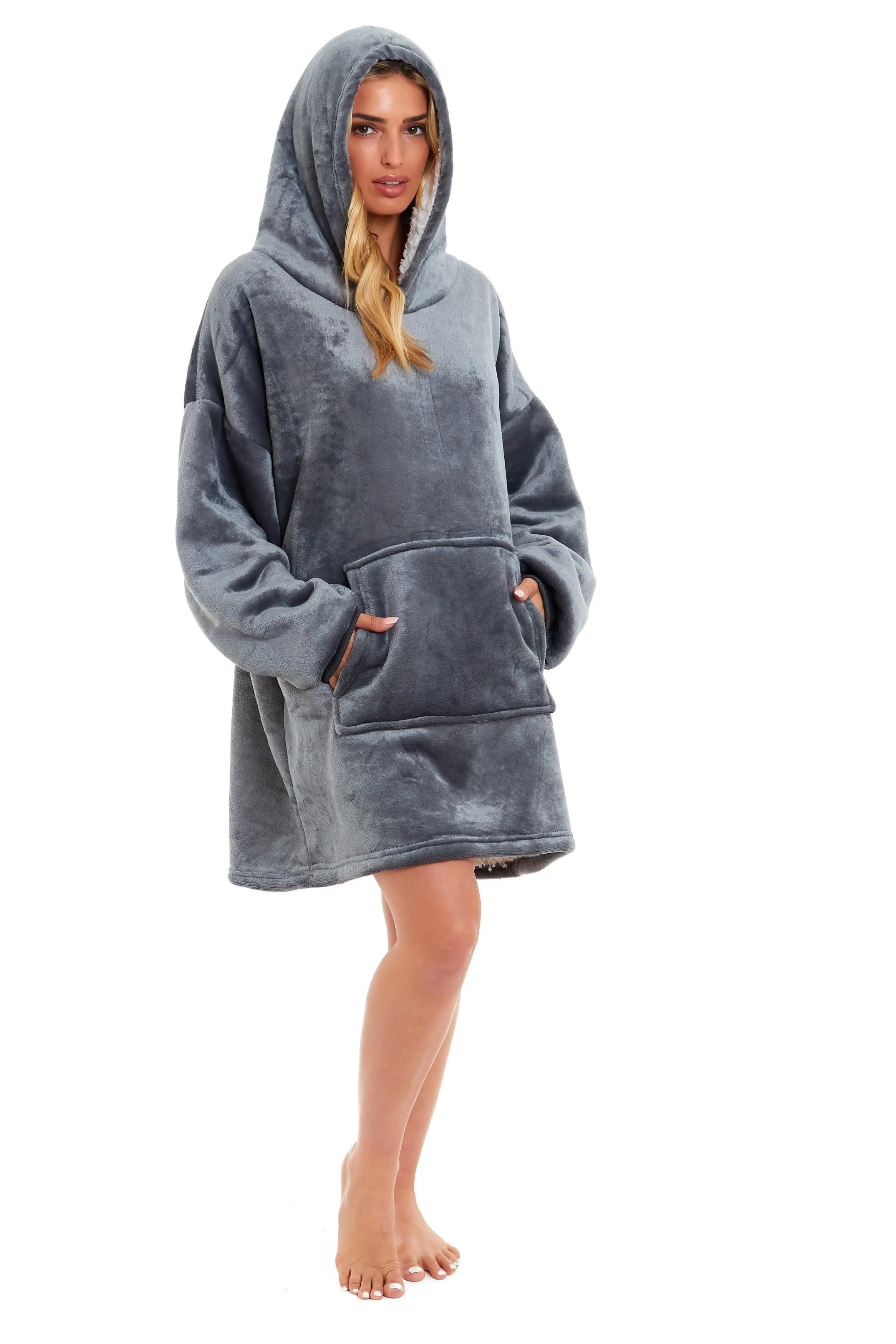 Oversized Reversible Sherpa and Plush Fleece Hooded Blanket Grey and Pink Ultimate Warmth and Comfort Hoodie for Adults and Kids by Daisy Dreamer