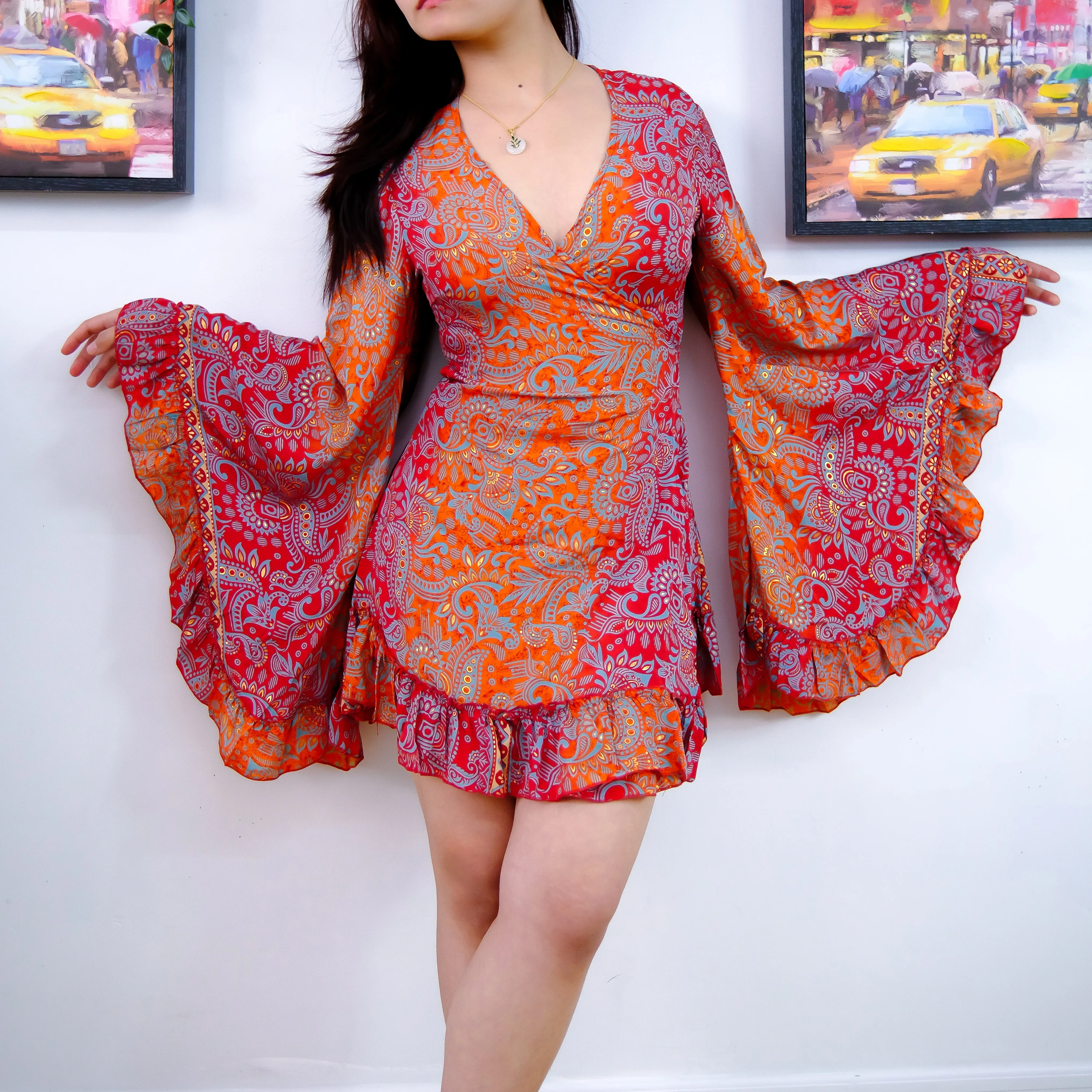 Paisley Print Mini Wrap Frill Dress