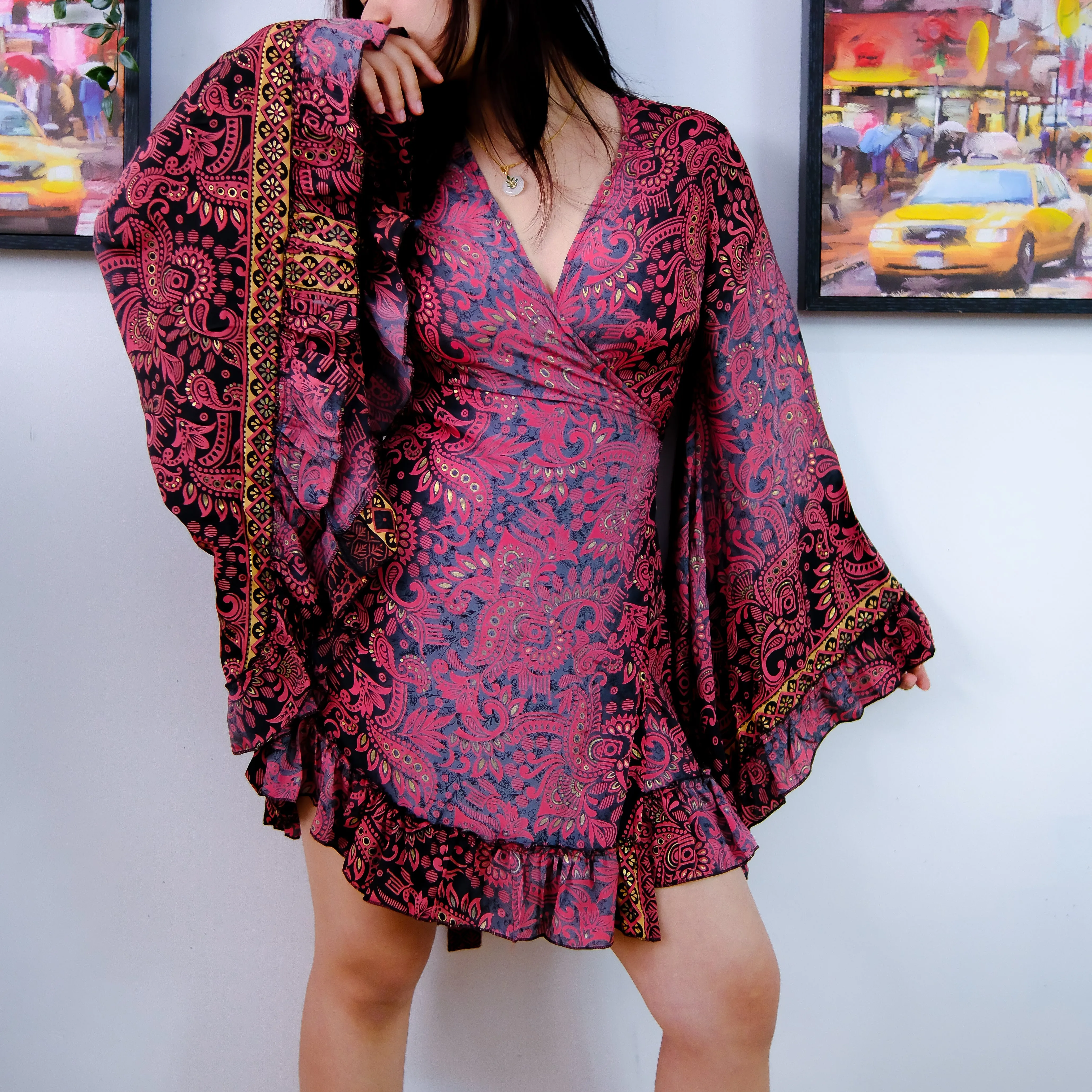 Paisley Print Mini Wrap Frill Dress