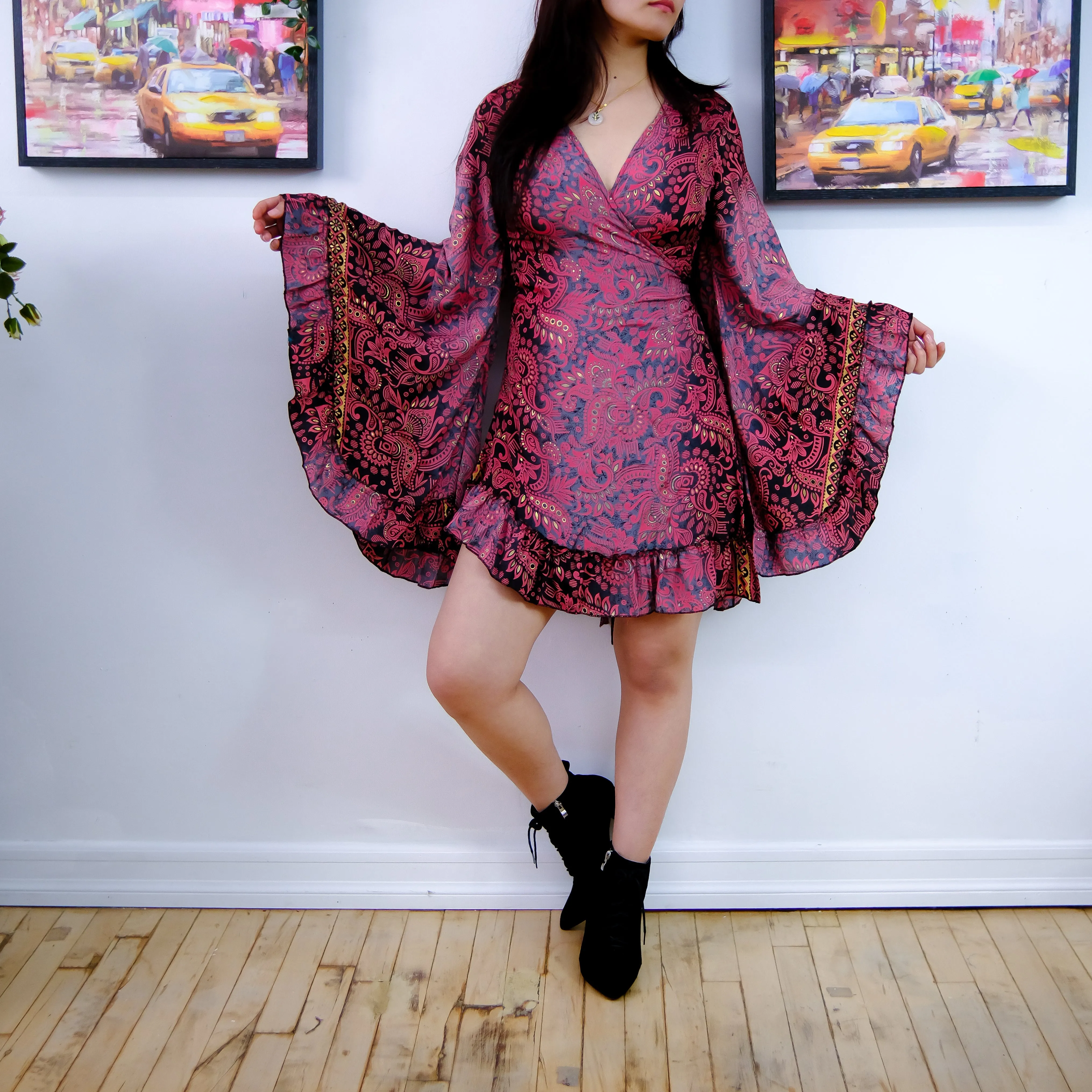 Paisley Print Mini Wrap Frill Dress