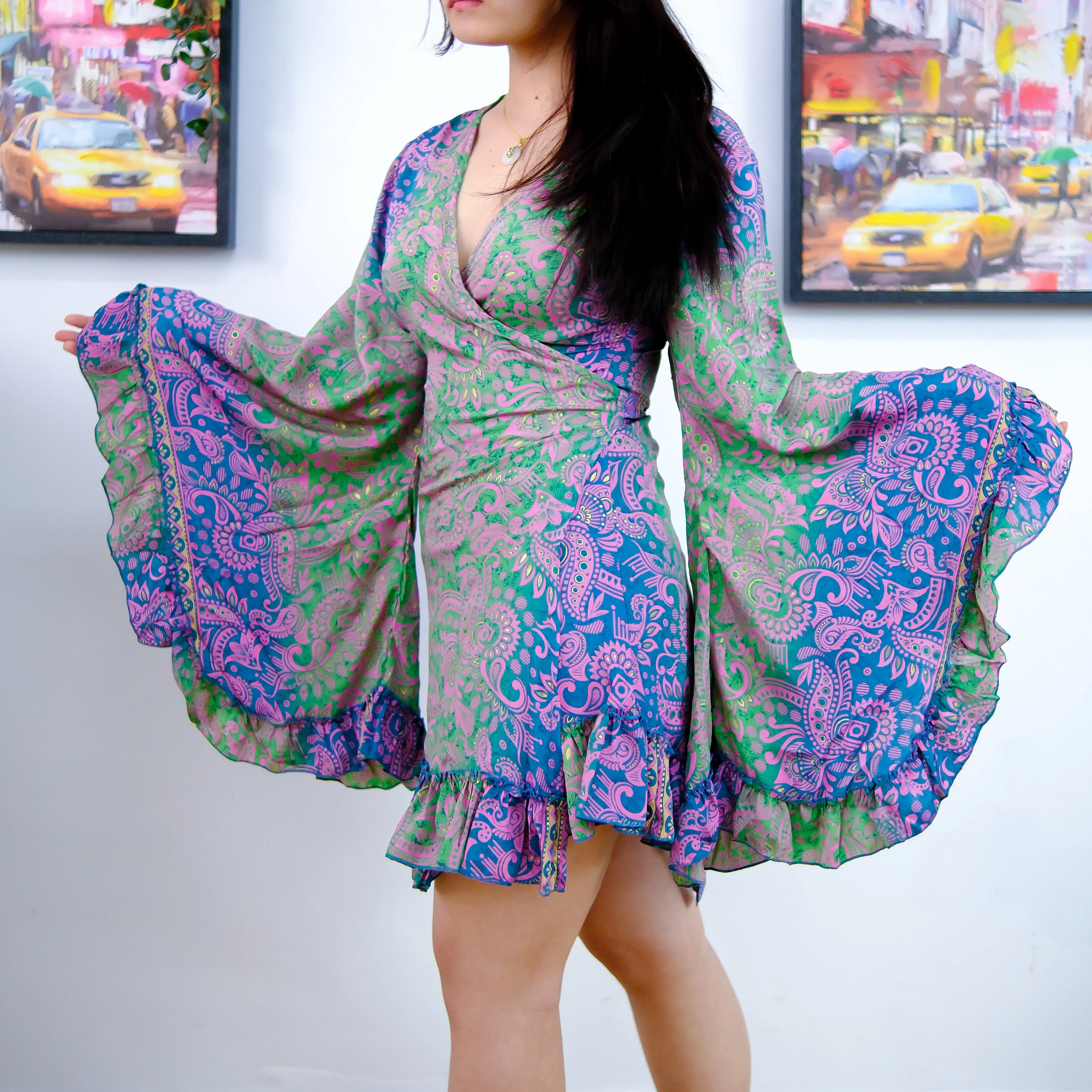 Paisley Print Mini Wrap Frill Dress