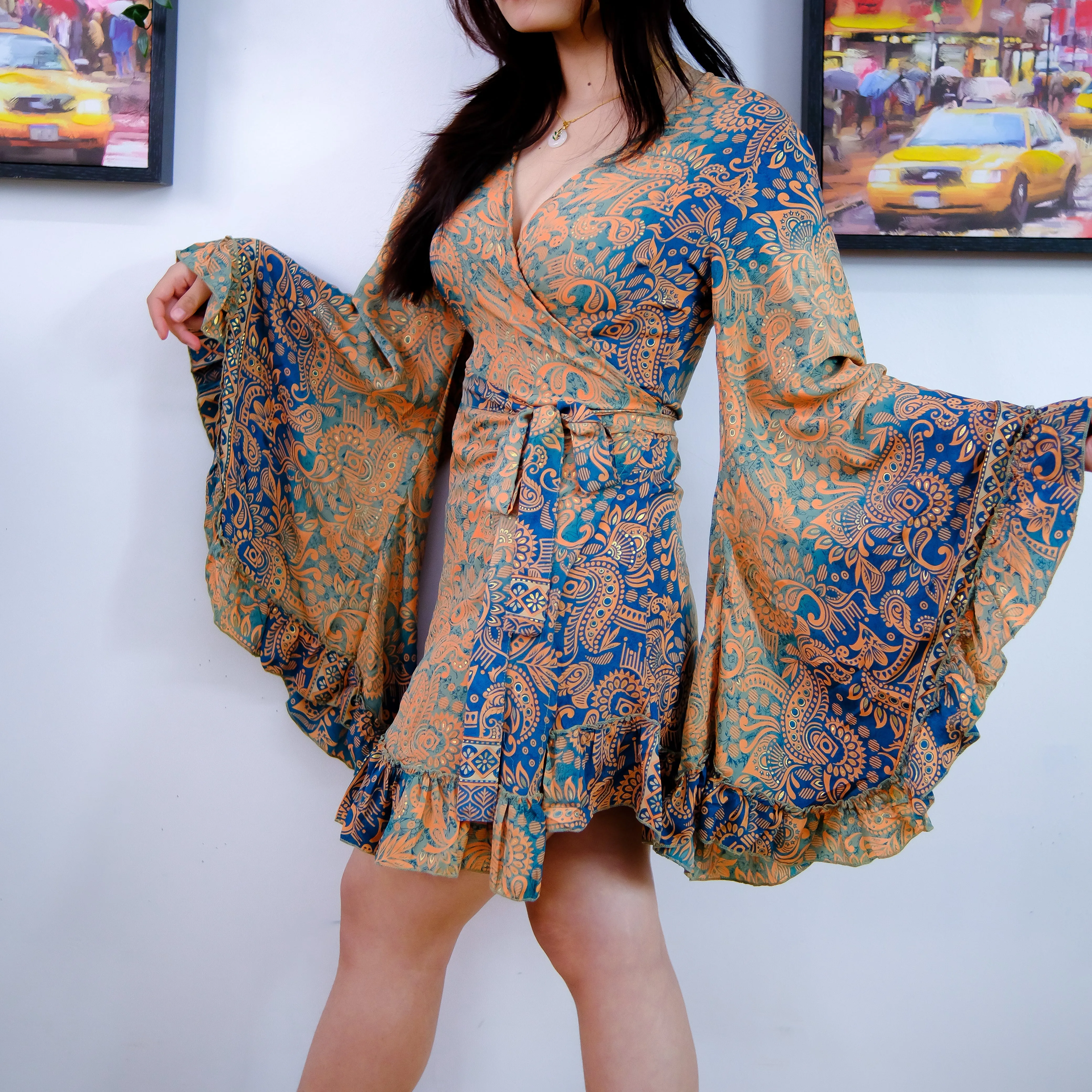 Paisley Print Mini Wrap Frill Dress