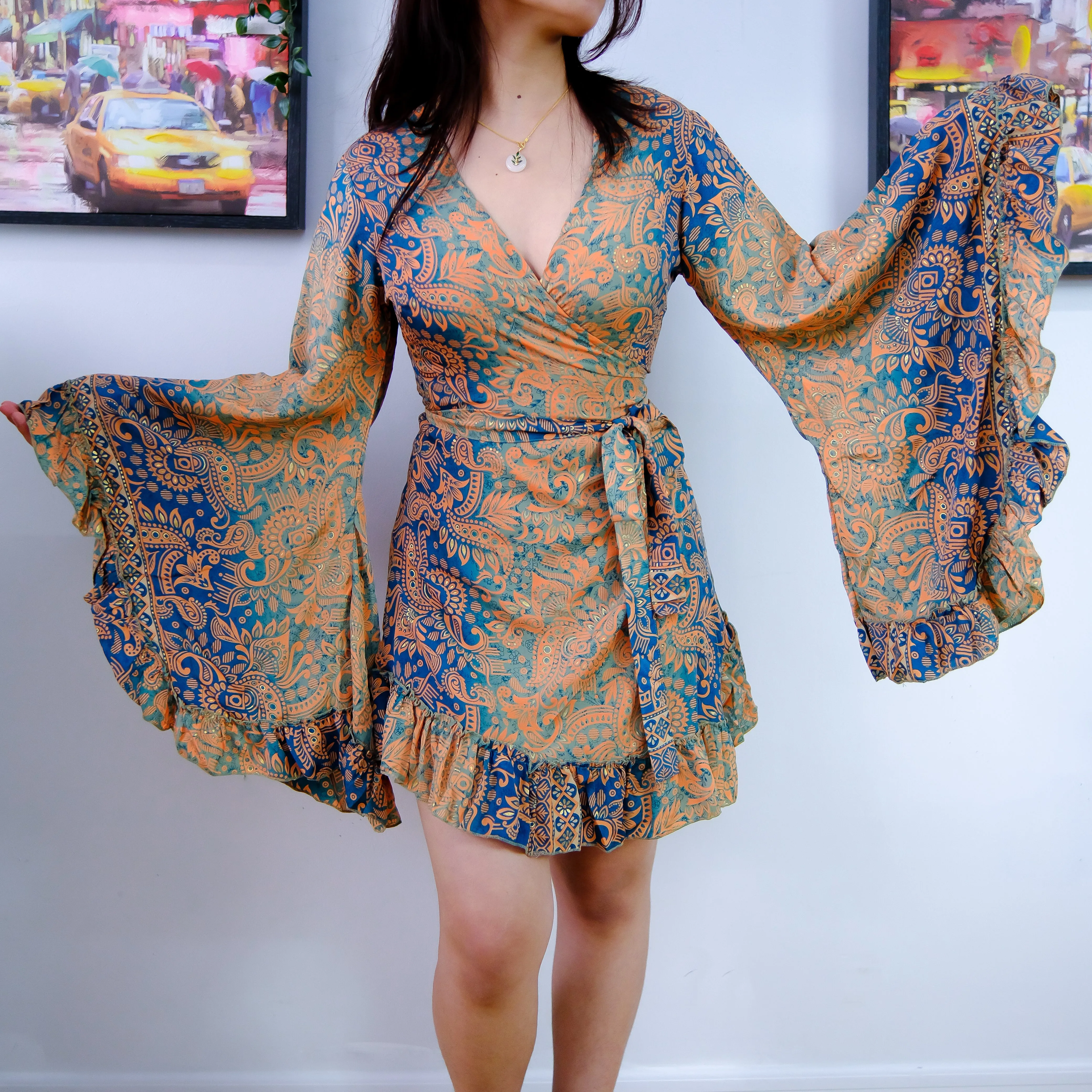 Paisley Print Mini Wrap Frill Dress