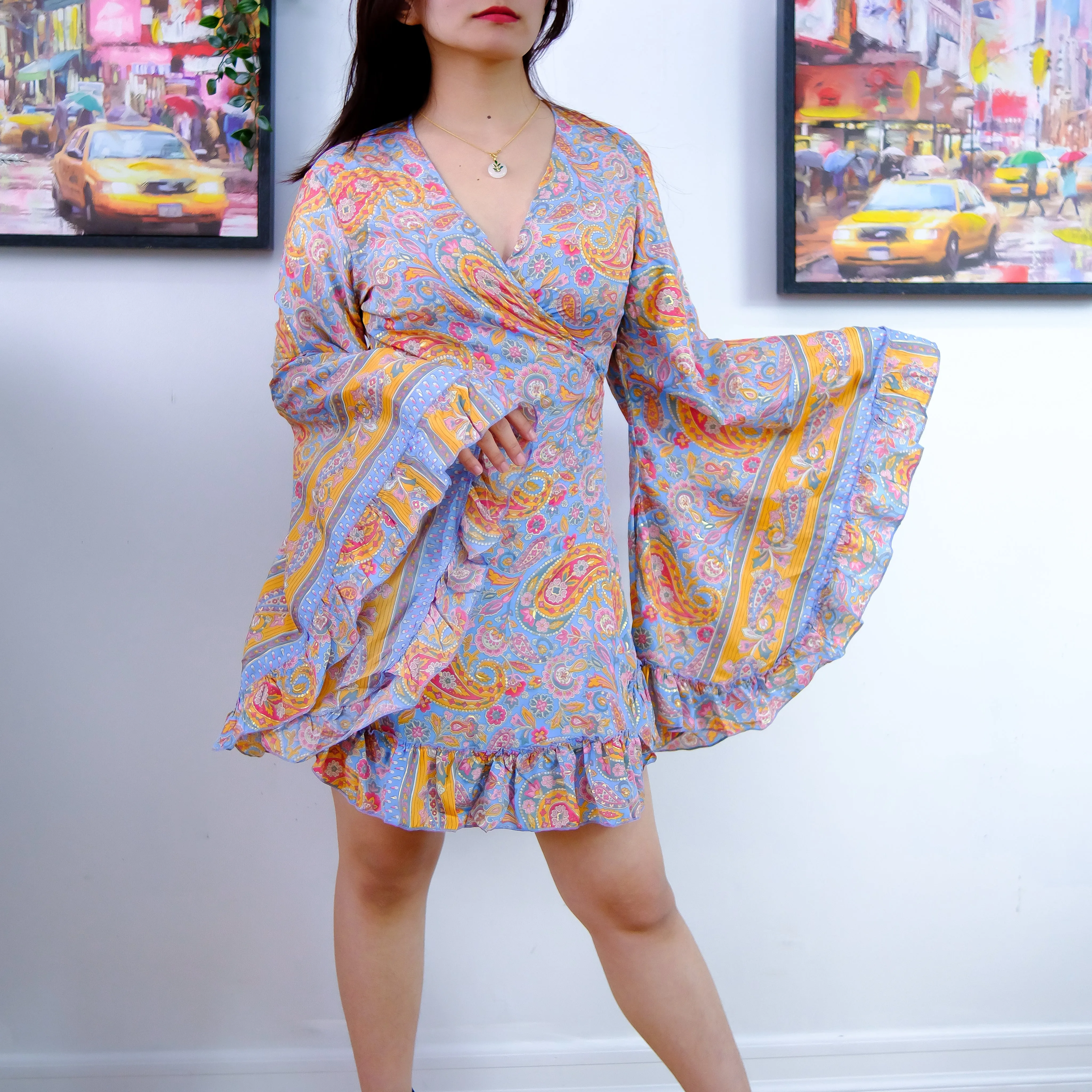 Paisley Print Mini Wrap Frill Dress