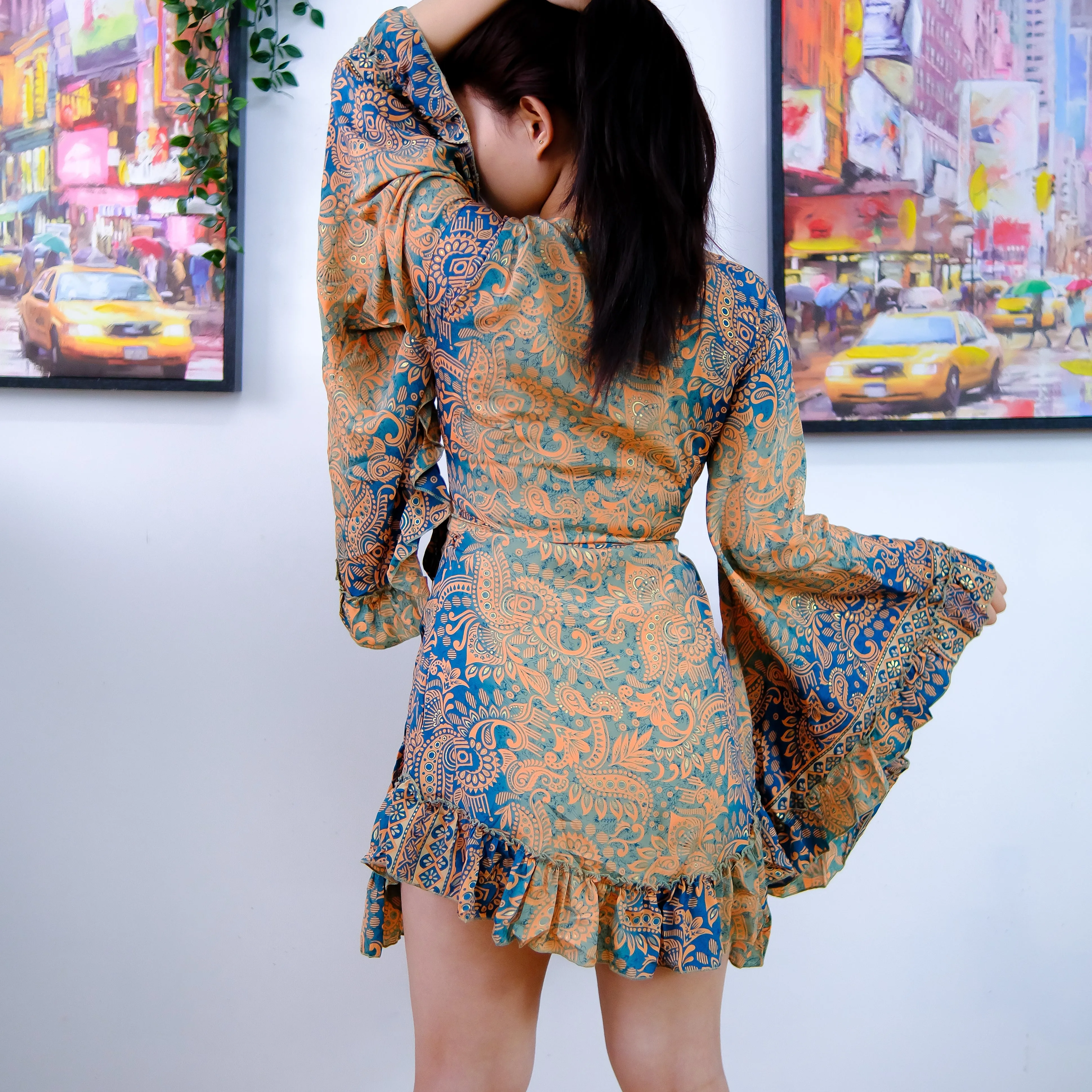 Paisley Print Mini Wrap Frill Dress