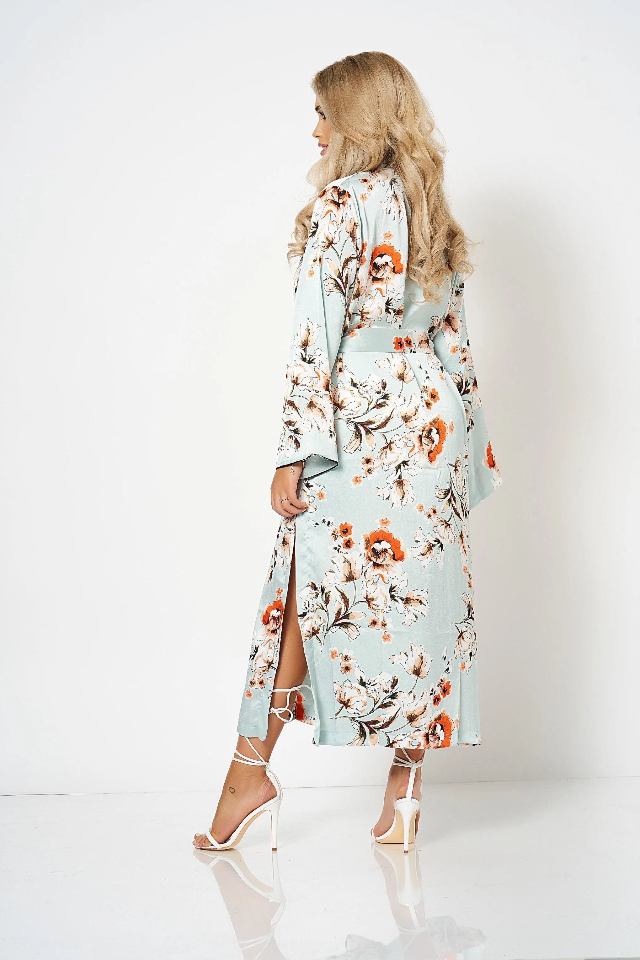 Pastel Blue Satin Floral Duster Coat