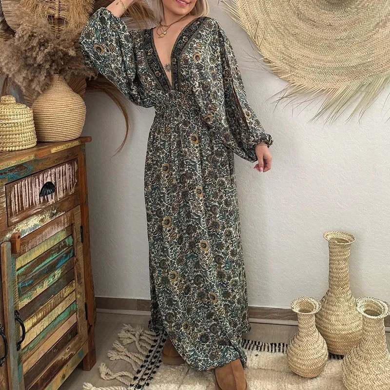 Pattern Printed Hollow Long Sleeved Sexy V-neck Backless Bandage Bohemian Casual Waist Pleated Beach Floral Vintage Dress