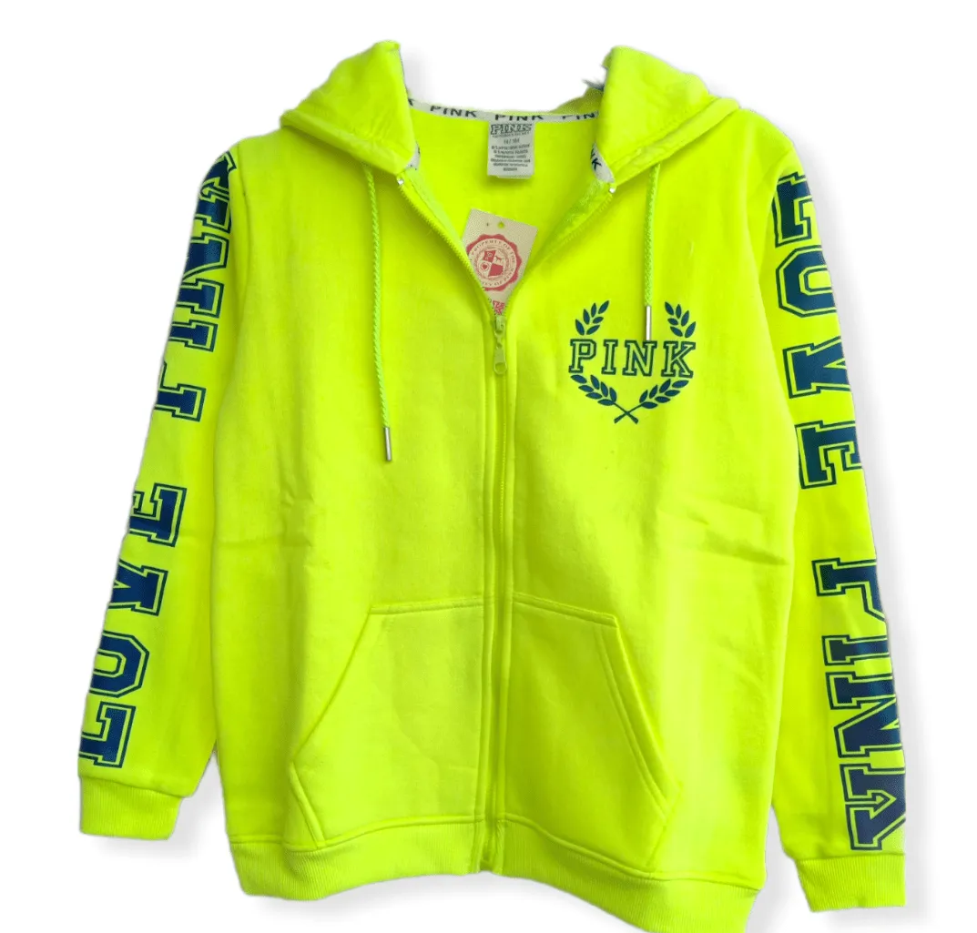 PINK Neon Kids Hoodie - Shoulder Print - Neon Yellow