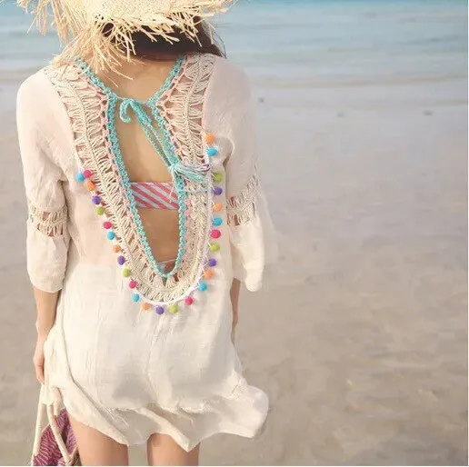 Polka Dot Pom cream cover-up beach tunic multi-colored pom fringe scoop back with cream crochet detail front & back turquoise tassel detail