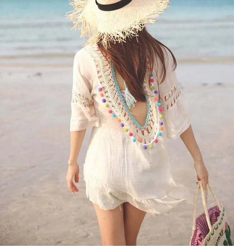 Polka Dot Pom cream cover-up beach tunic multi-colored pom fringe scoop back with cream crochet detail front & back turquoise tassel detail