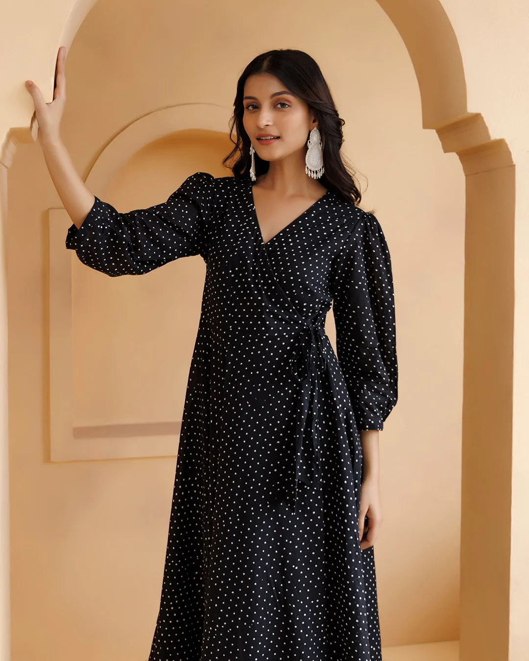 Qala Black Polka Hand Block Printed Angrakha Dress