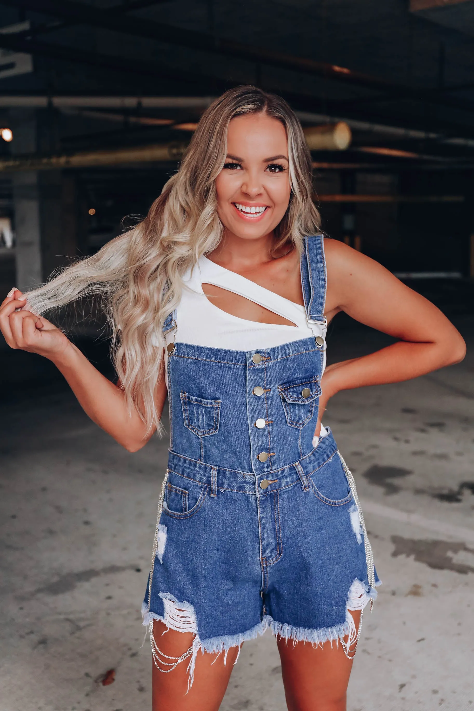 Ramped-Up Rhinestone Overall Shorts - Denim