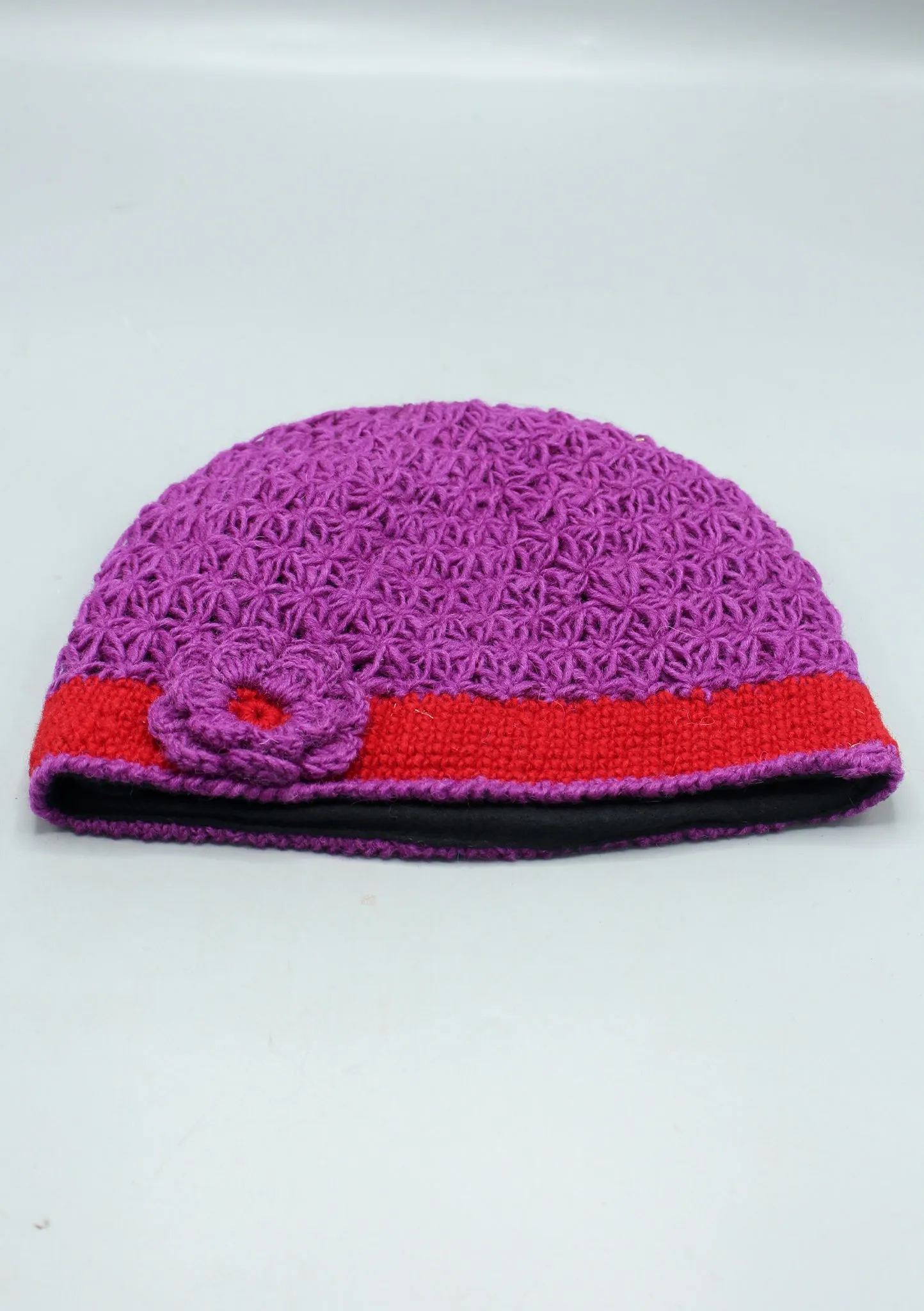 Red Border Flower Attached Purple Soft Crocheted Woolen Beanie