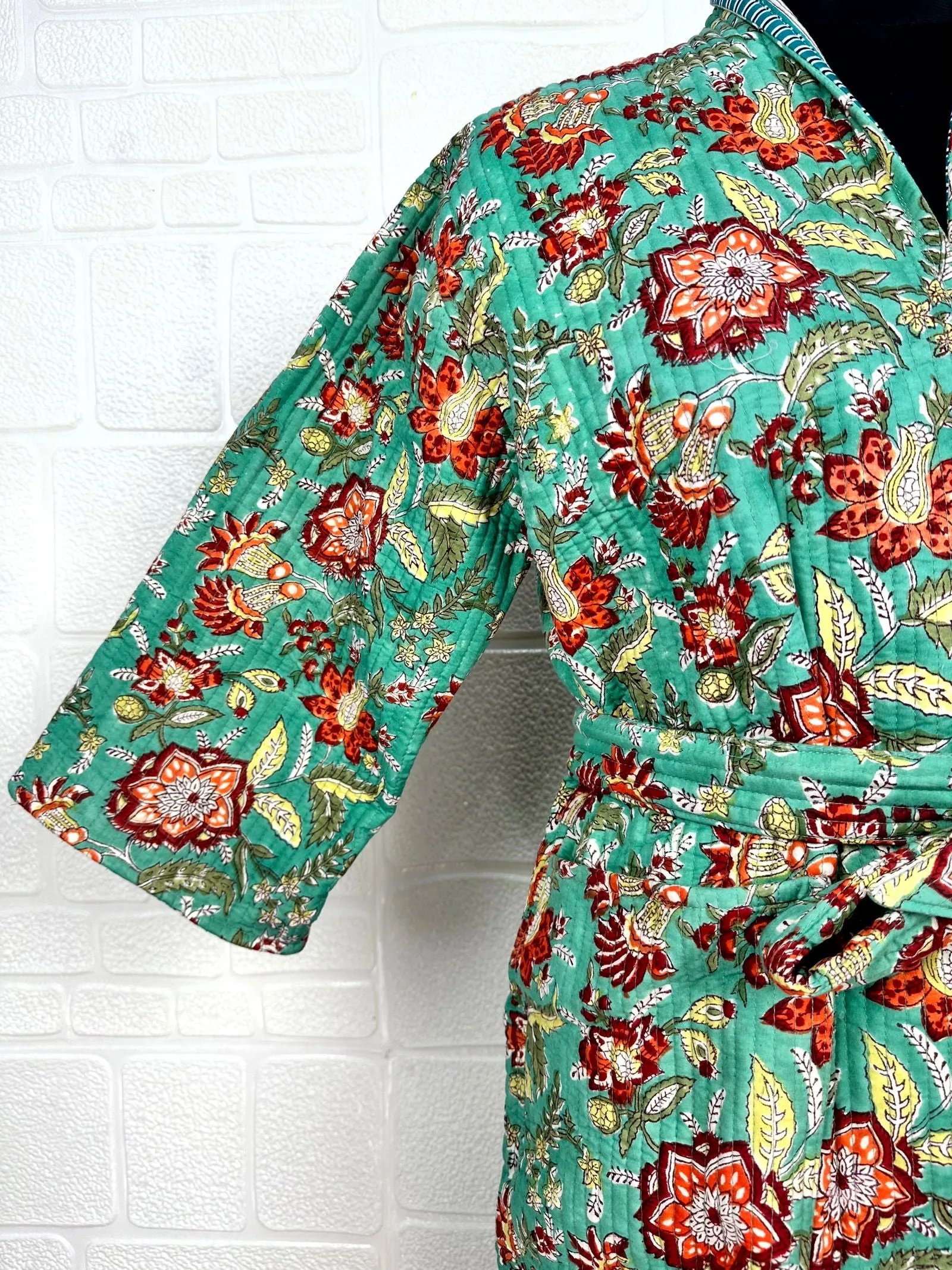 Reversible Pure Cotton Kantha Quilted Unisex Green Floral Kimono Perfect Dressing Fall Autumn Winter Boho Indian Block Printed Stripes Robe