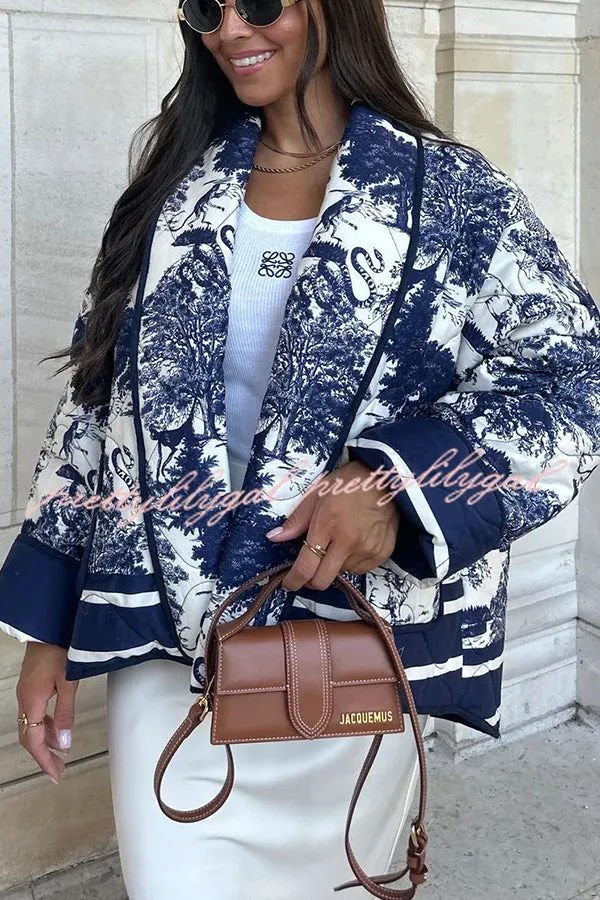 Romantic Songs Porcelain Ink Printed Pocket Quilted Cotton Kimono Jacket