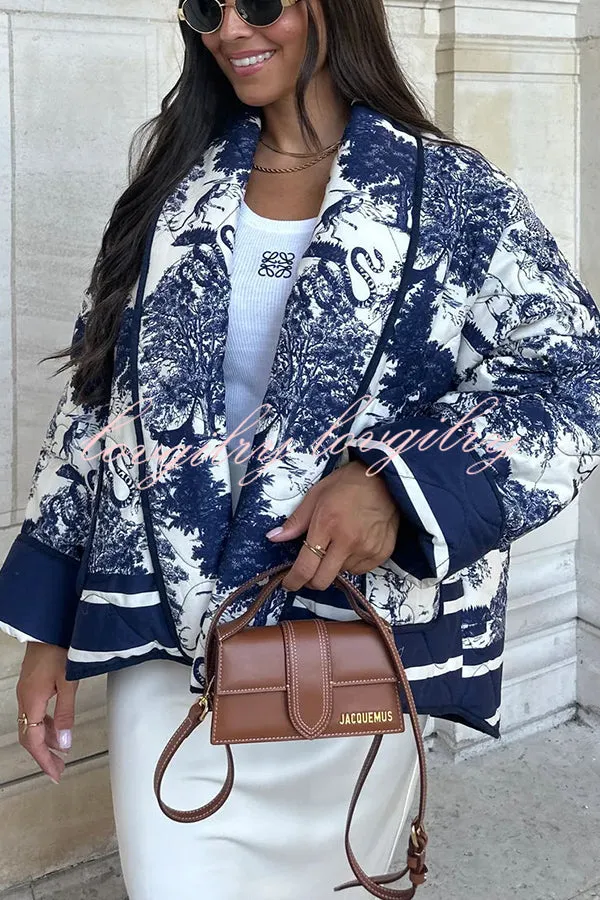 Romantic Songs Porcelain Ink Printed Pocket Quilted Cotton Kimono Jacket