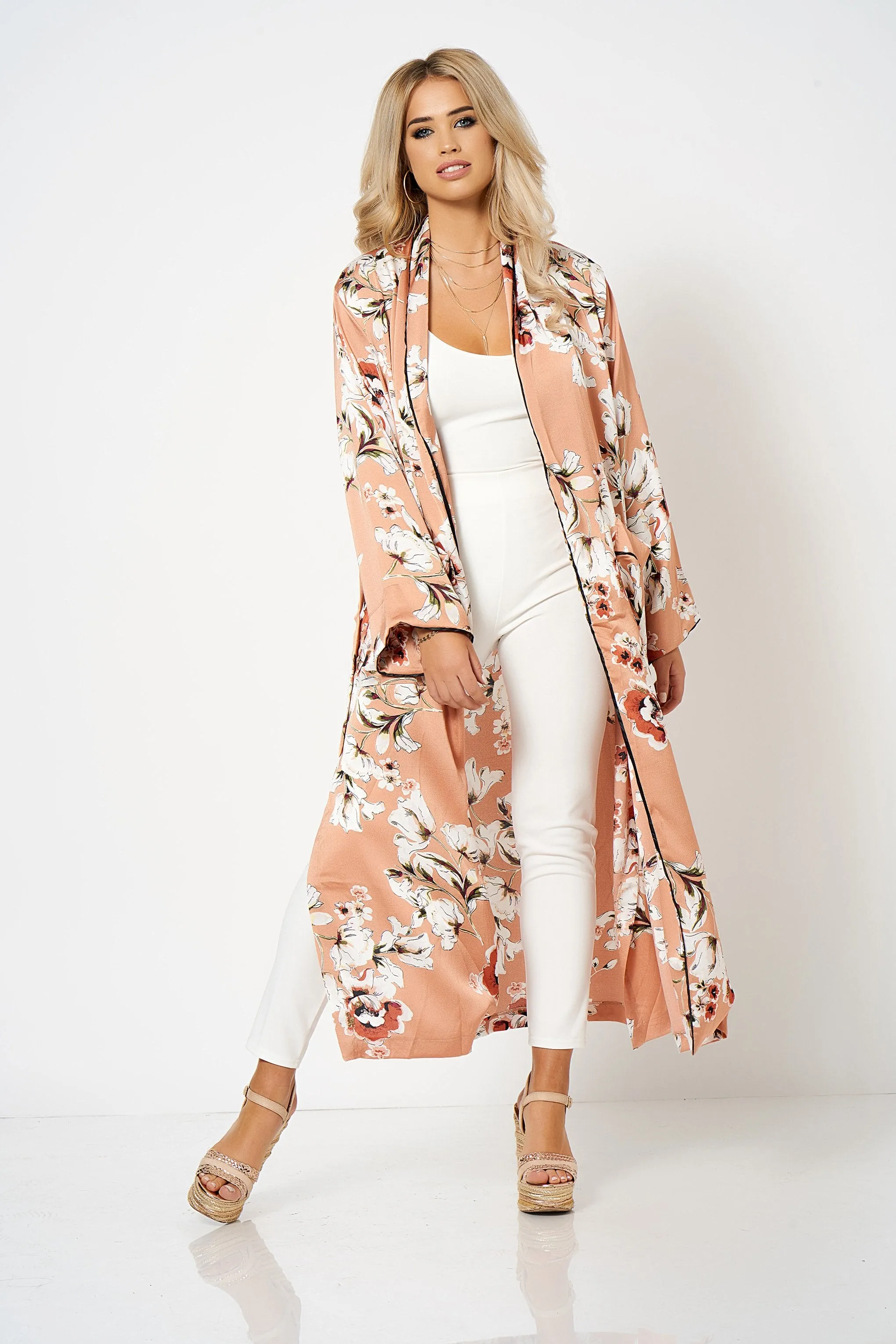 Rose Satin Floral Duster Coat