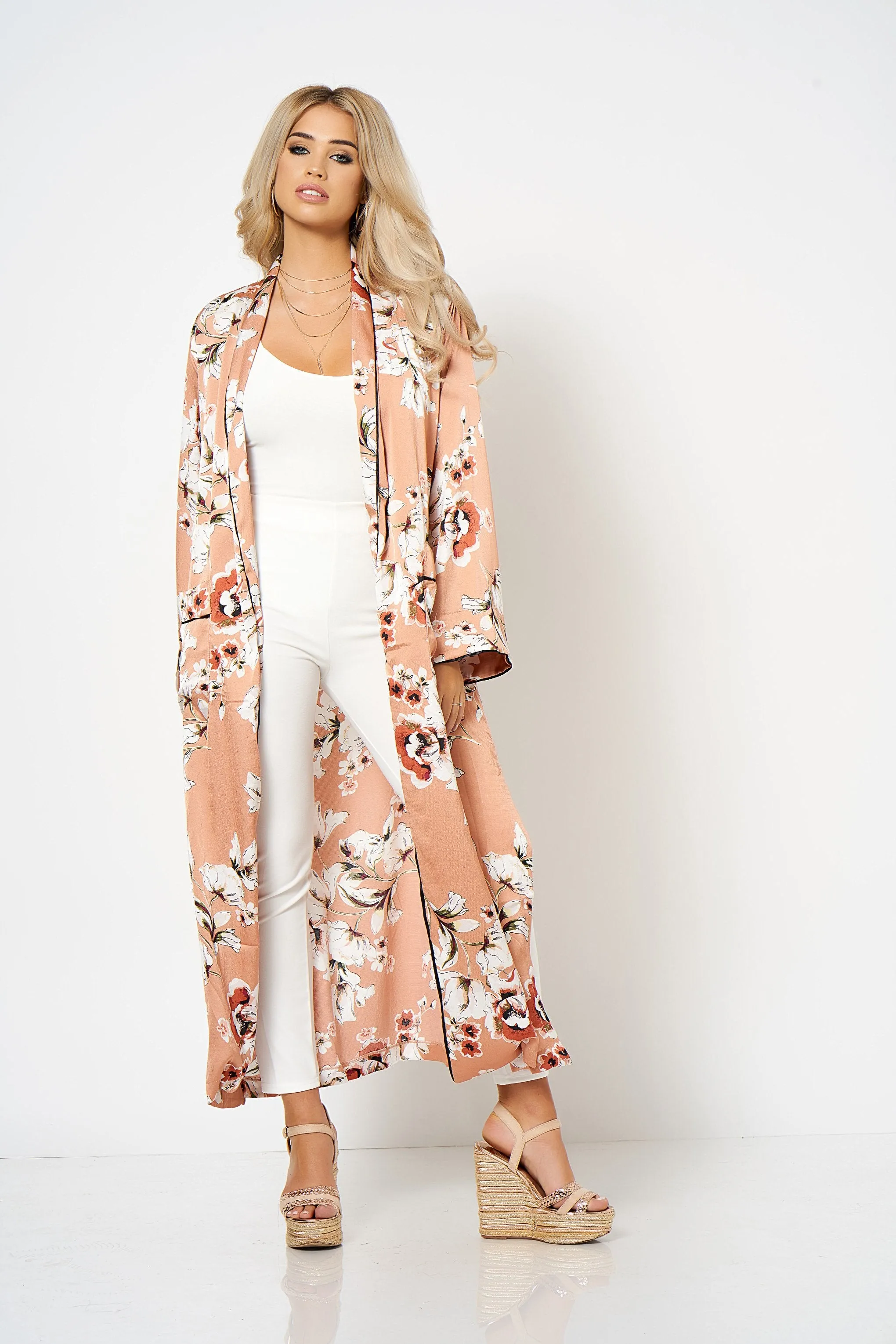 Rose Satin Floral Duster Coat