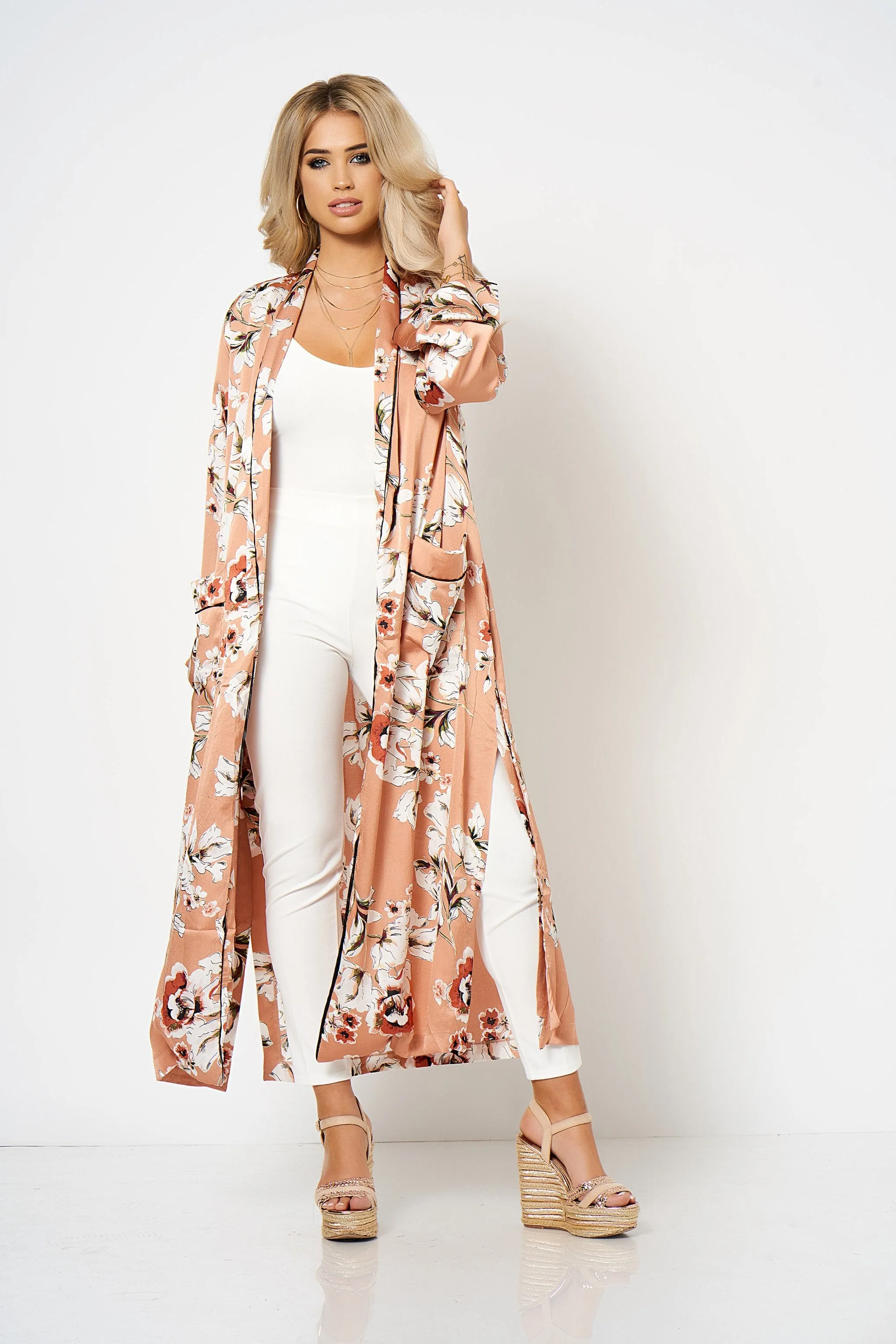 Rose Satin Floral Duster Coat