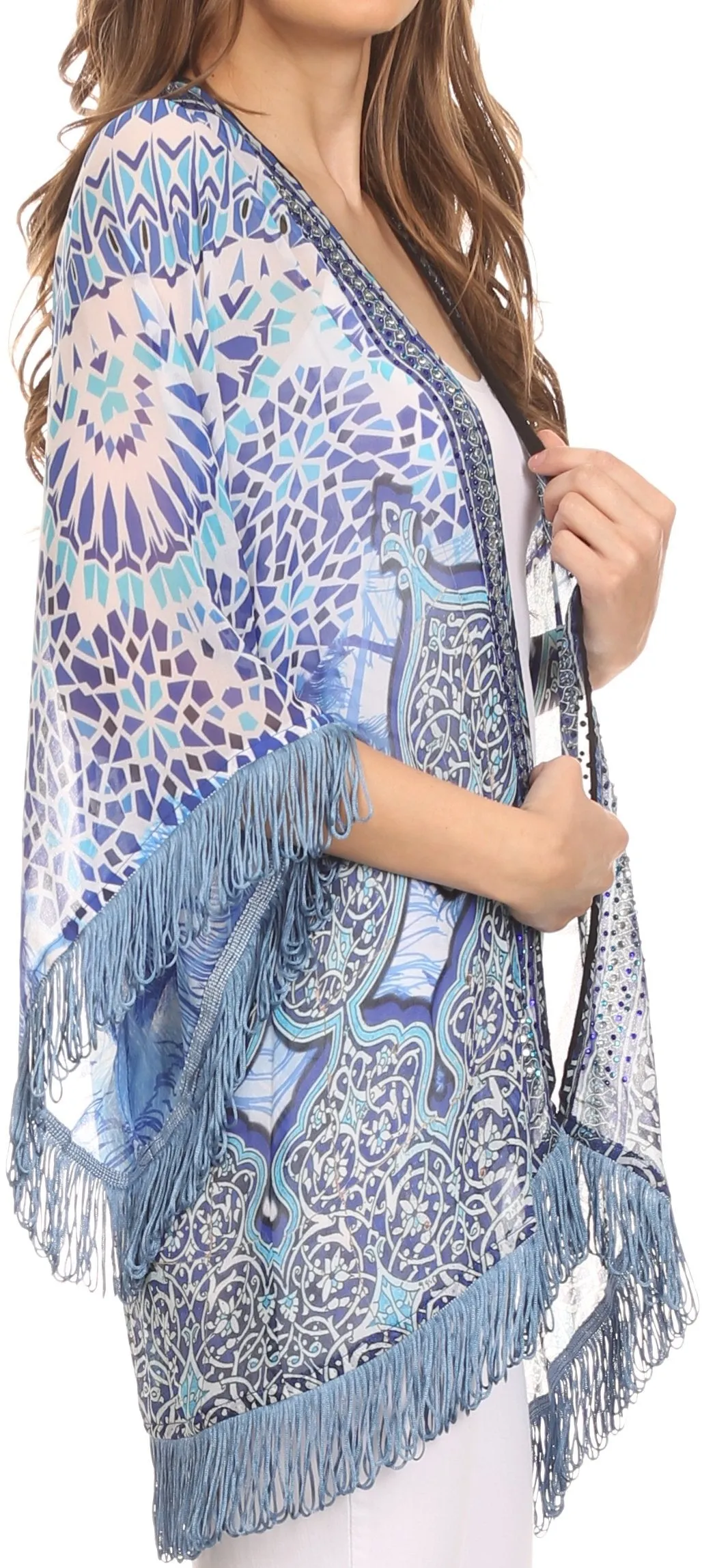 Sakkas Kimono Finley Sheer Kimono Top Cardigan Jacket With With Fringe And Design Print