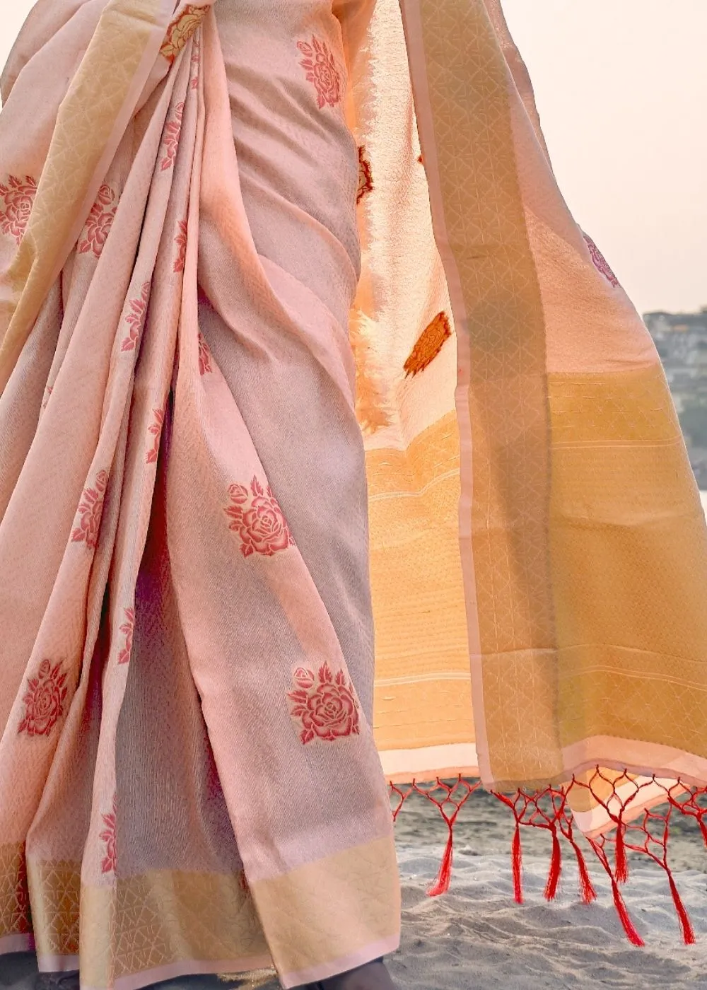 Salmon Pink Linen Silk Saree with Zari Woven Butti overall