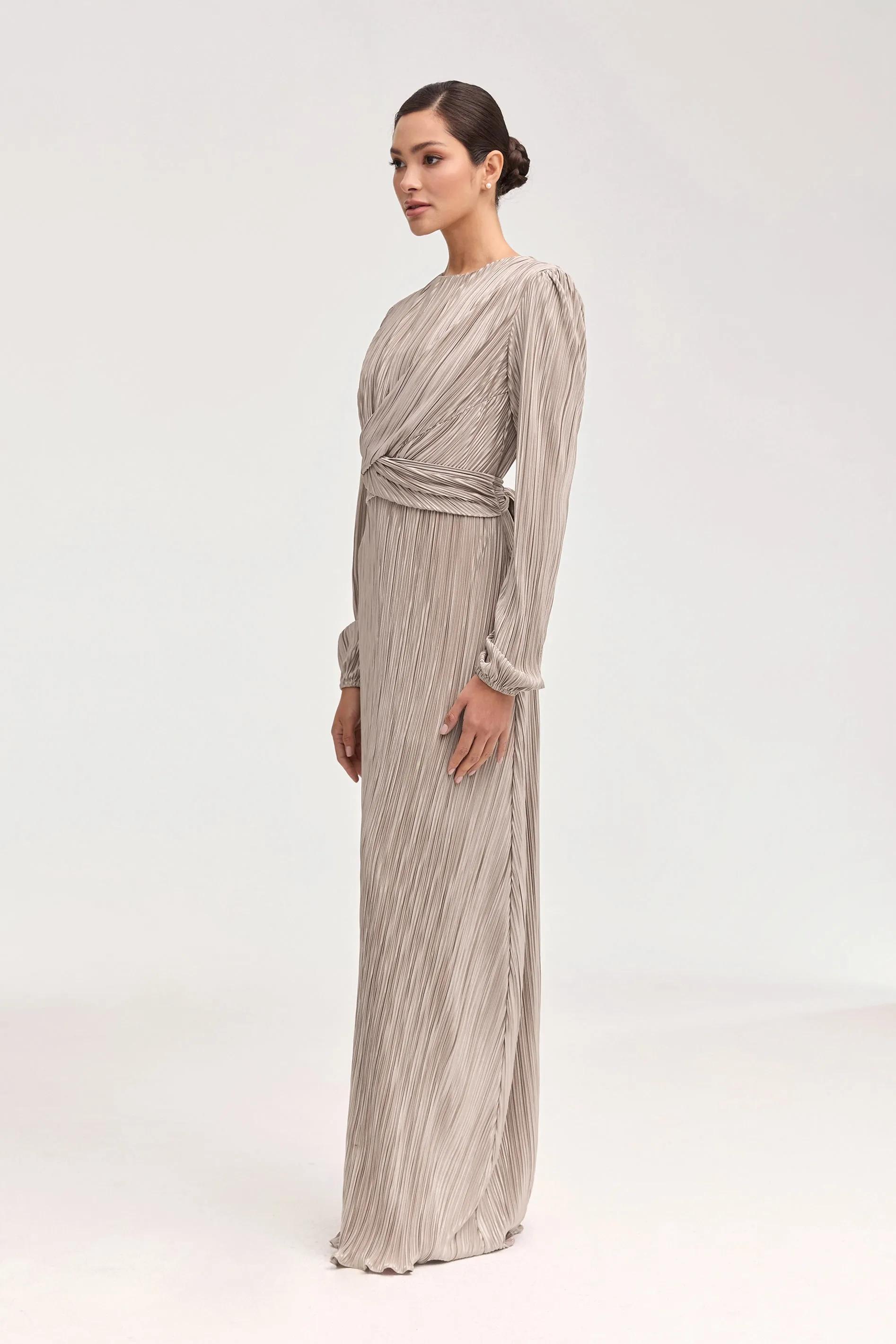 Samara Satin Plisse Wrap Waist Maxi Dress - Taupe