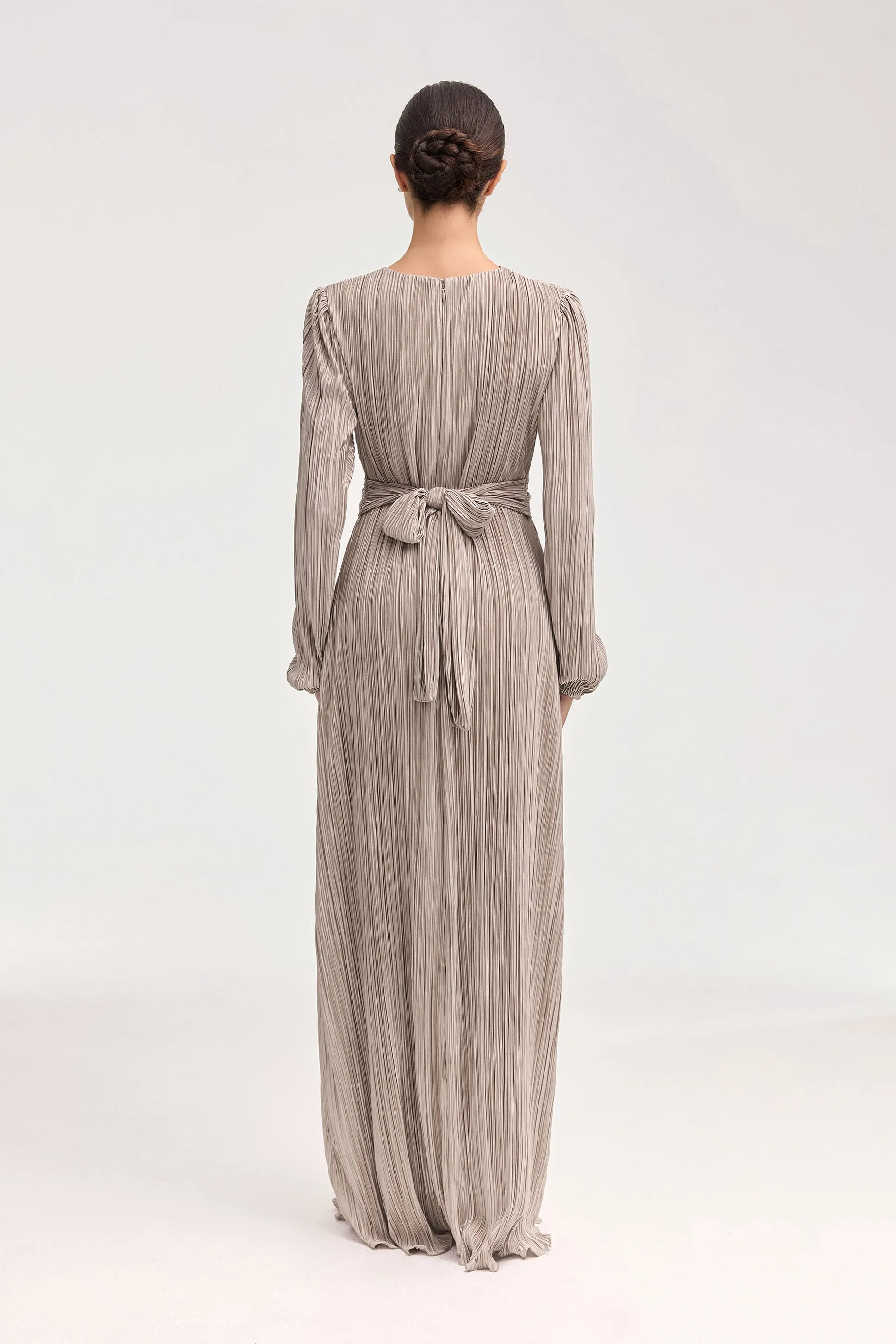 Samara Satin Plisse Wrap Waist Maxi Dress - Taupe