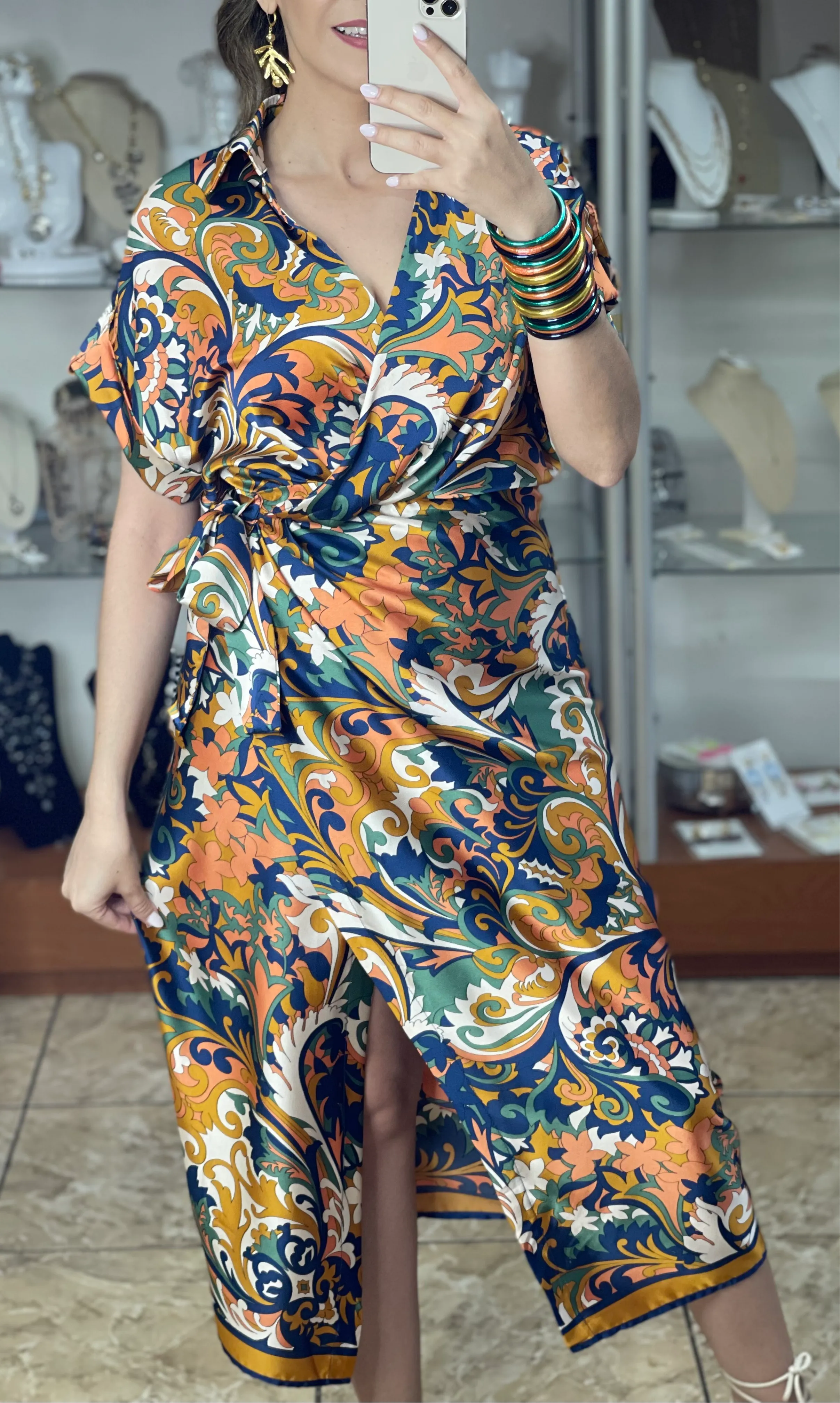 Satin Floral Wrap Midi Dress