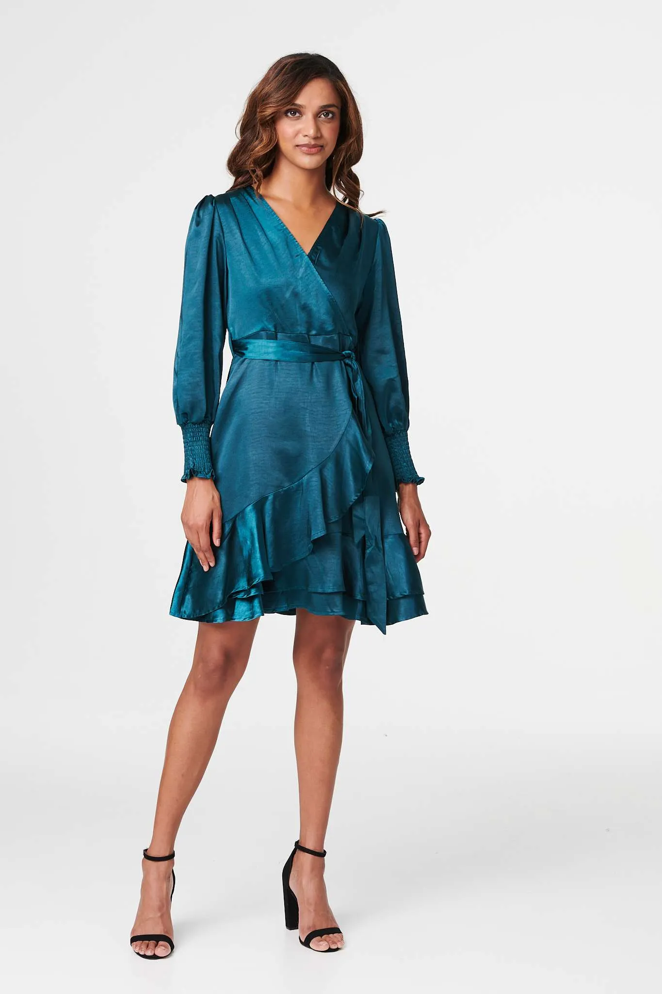 Satin Frill Detail Wrap Dress