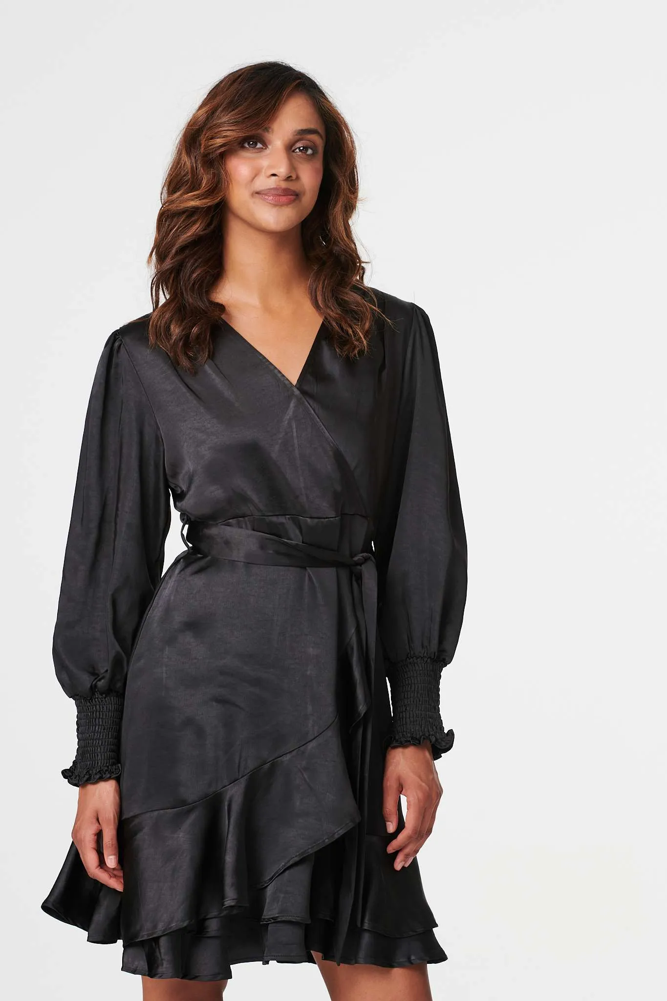 Satin Frill Detail Wrap Dress