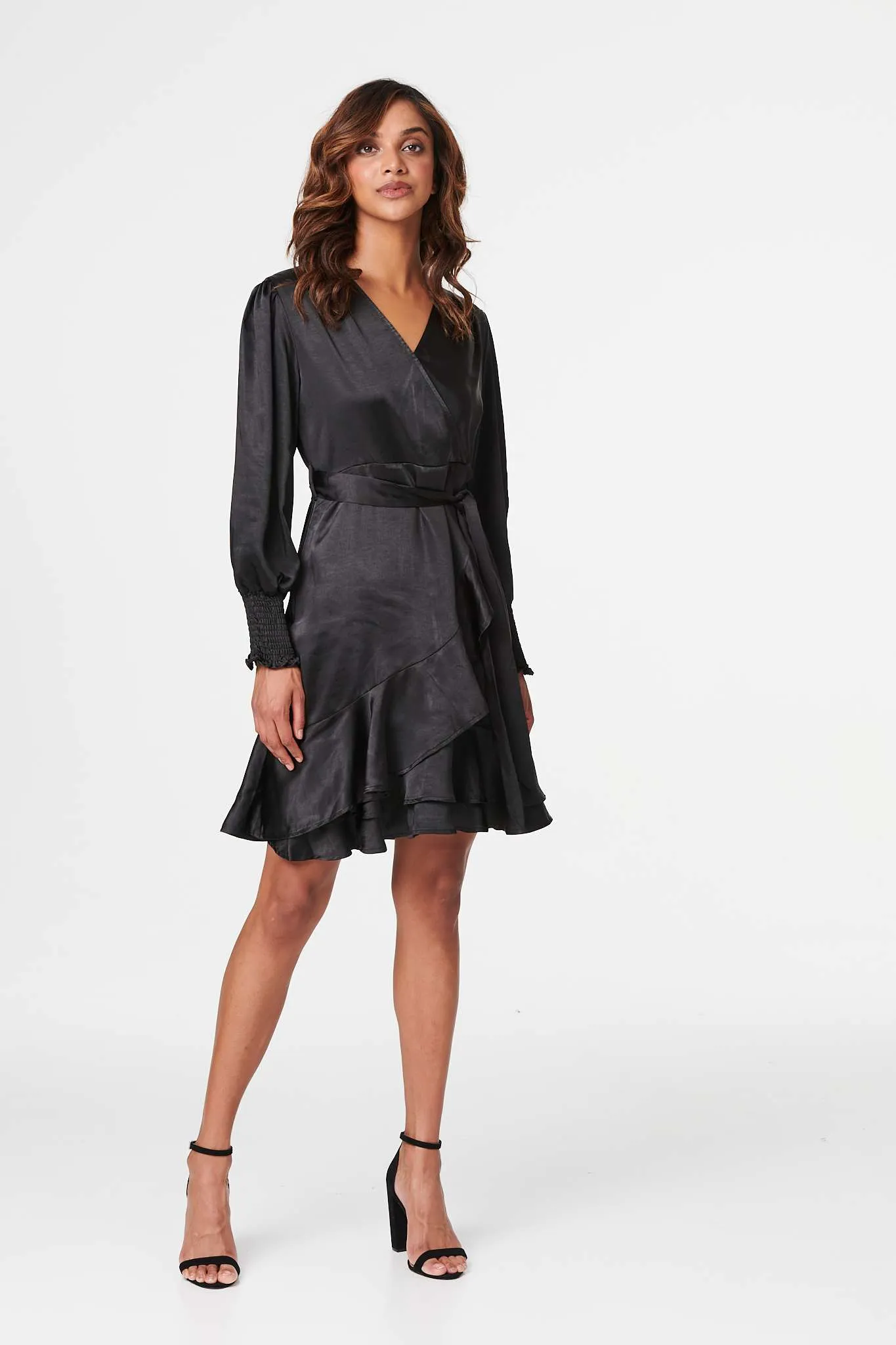 Satin Frill Detail Wrap Dress