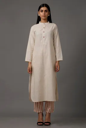 Set of 2: White Pure Woven Cotton Kurta and Stripe Pants