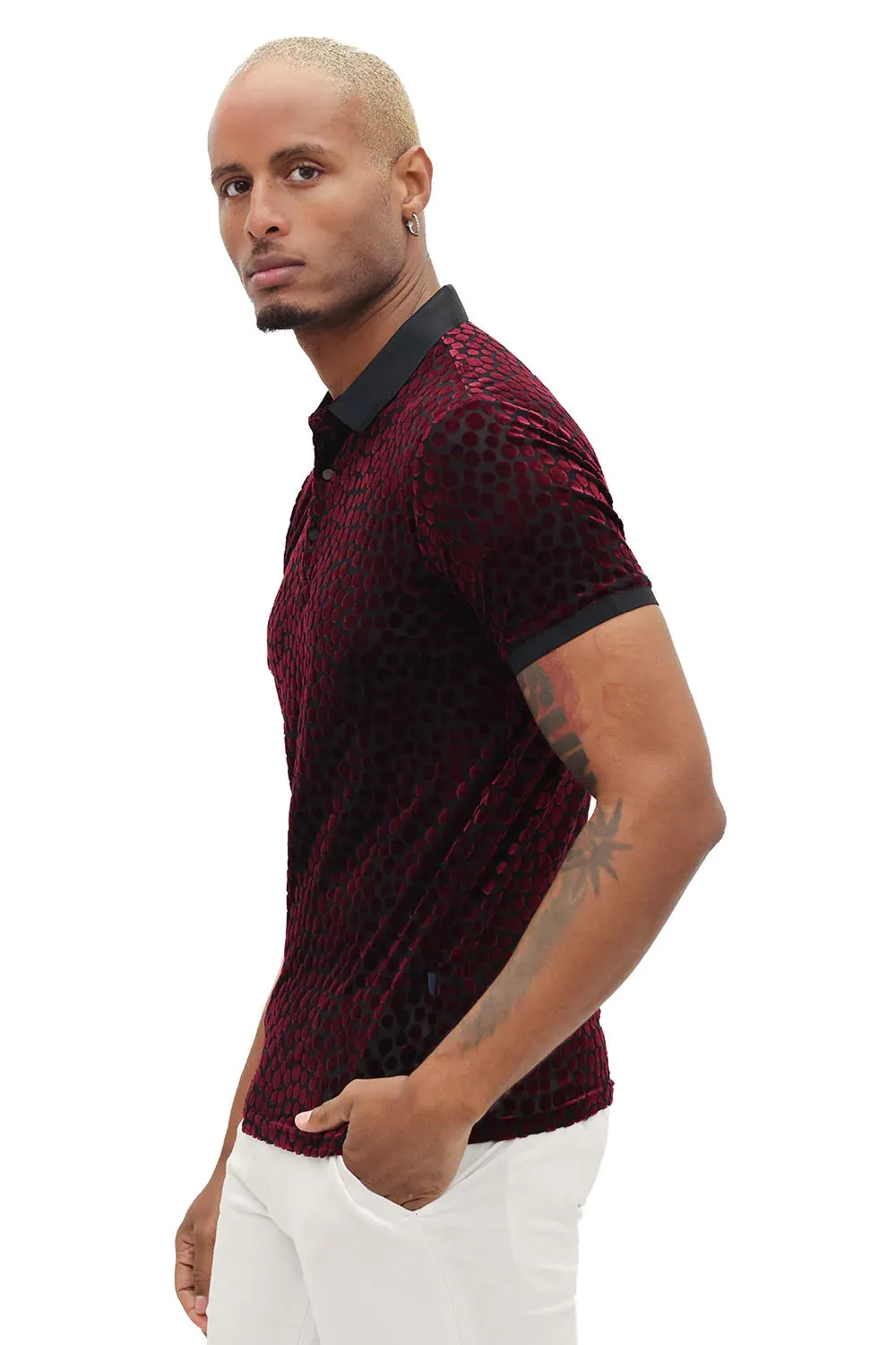 Sheer Elegance Polka Velvet Short Sleeve Polo