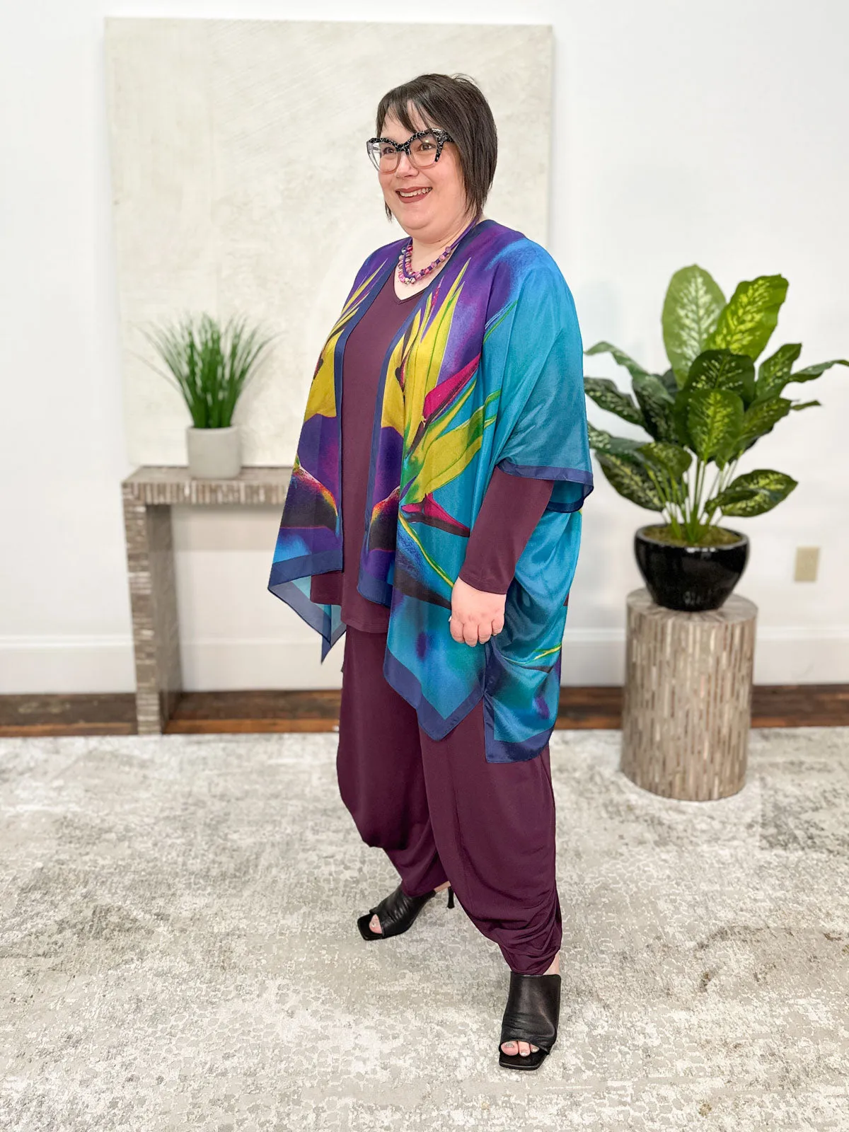 Silk Long Kimono, Teal Bird of Paradise