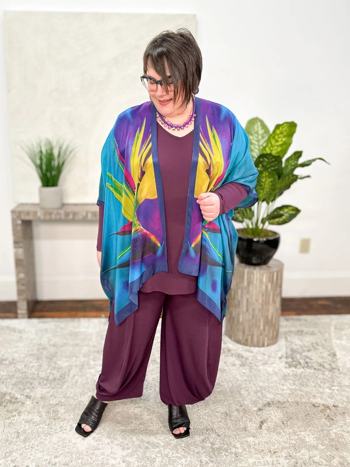 Silk Long Kimono, Teal Bird of Paradise