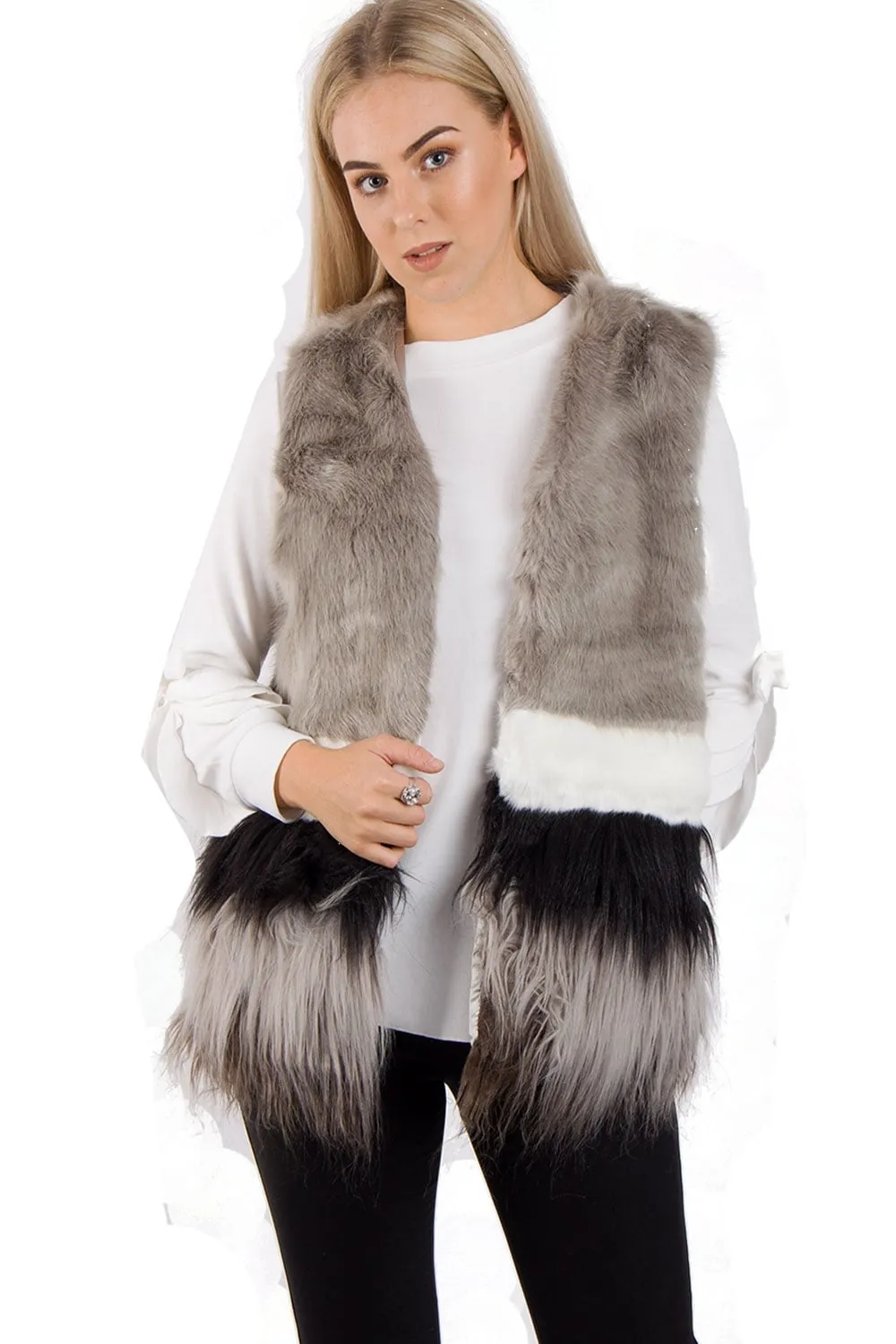 Sleeveless Two Tone Faux Fur Gilet