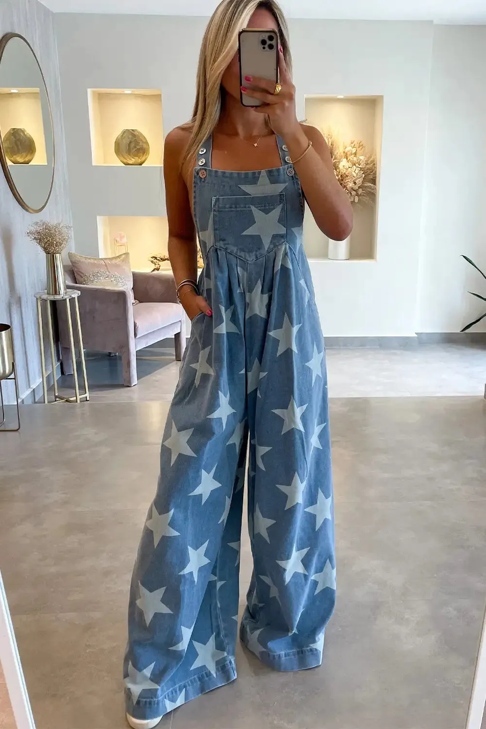 Star Print Wide Leg Denim Overall