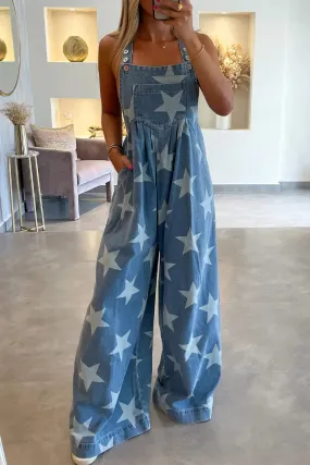 Star Print Wide Leg Denim Overall