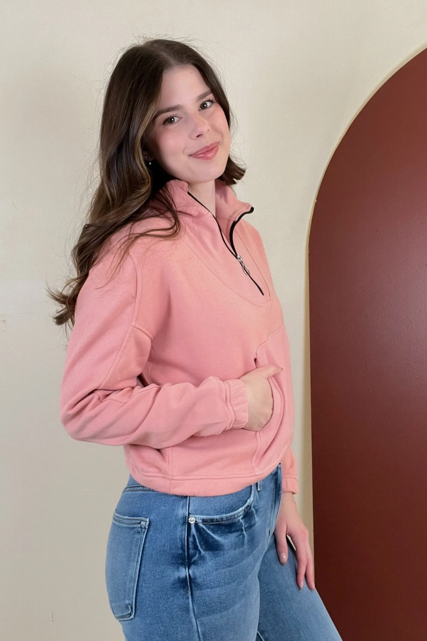 Sure Thing Dusty Pink Half Zip Cropped Sweatshirt