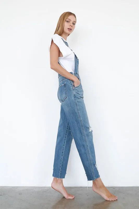 TEEK - High Waist Ripped Straight Denim Overall Jumpsuit