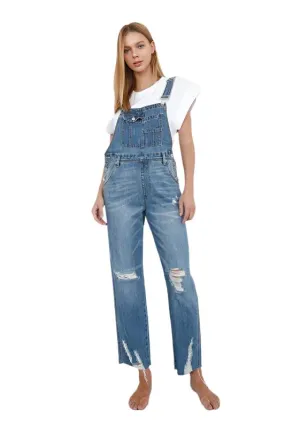 TEEK - High Waist Ripped Straight Denim Overall Jumpsuit